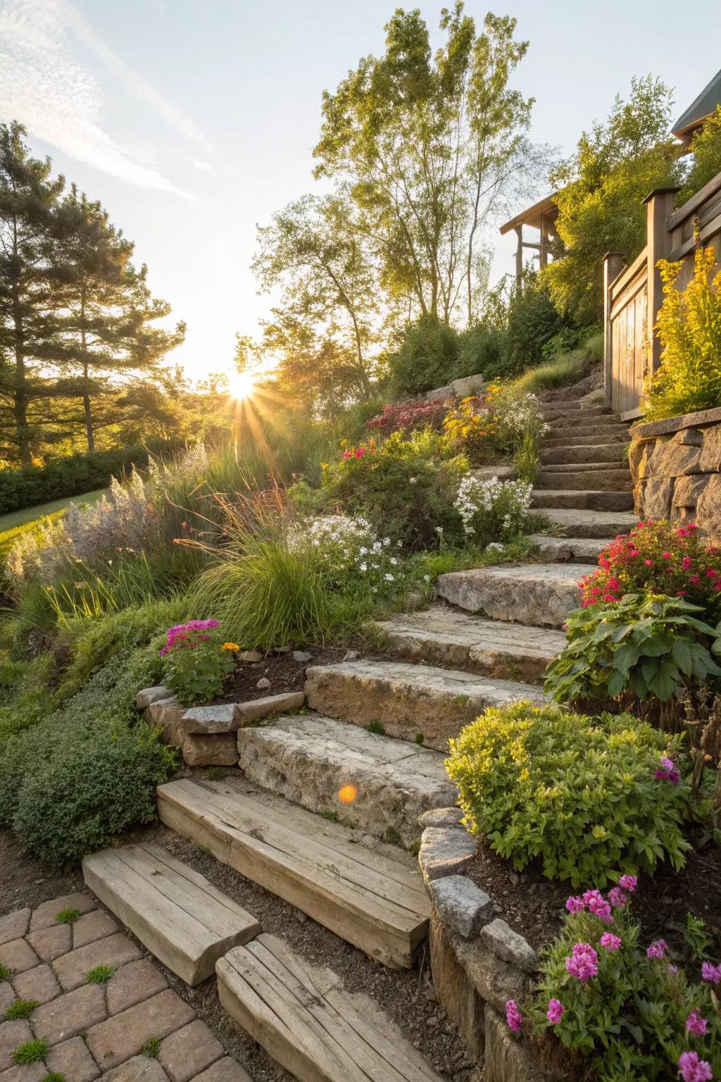 A creative blend of materials for garden steps.