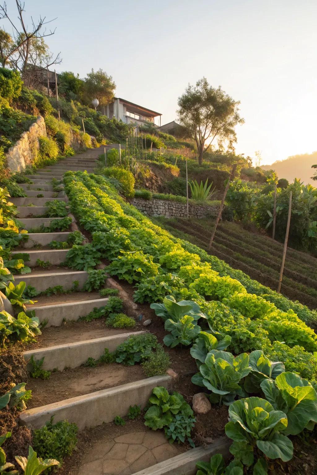 Terraced steps doubling as a vegetable garden.