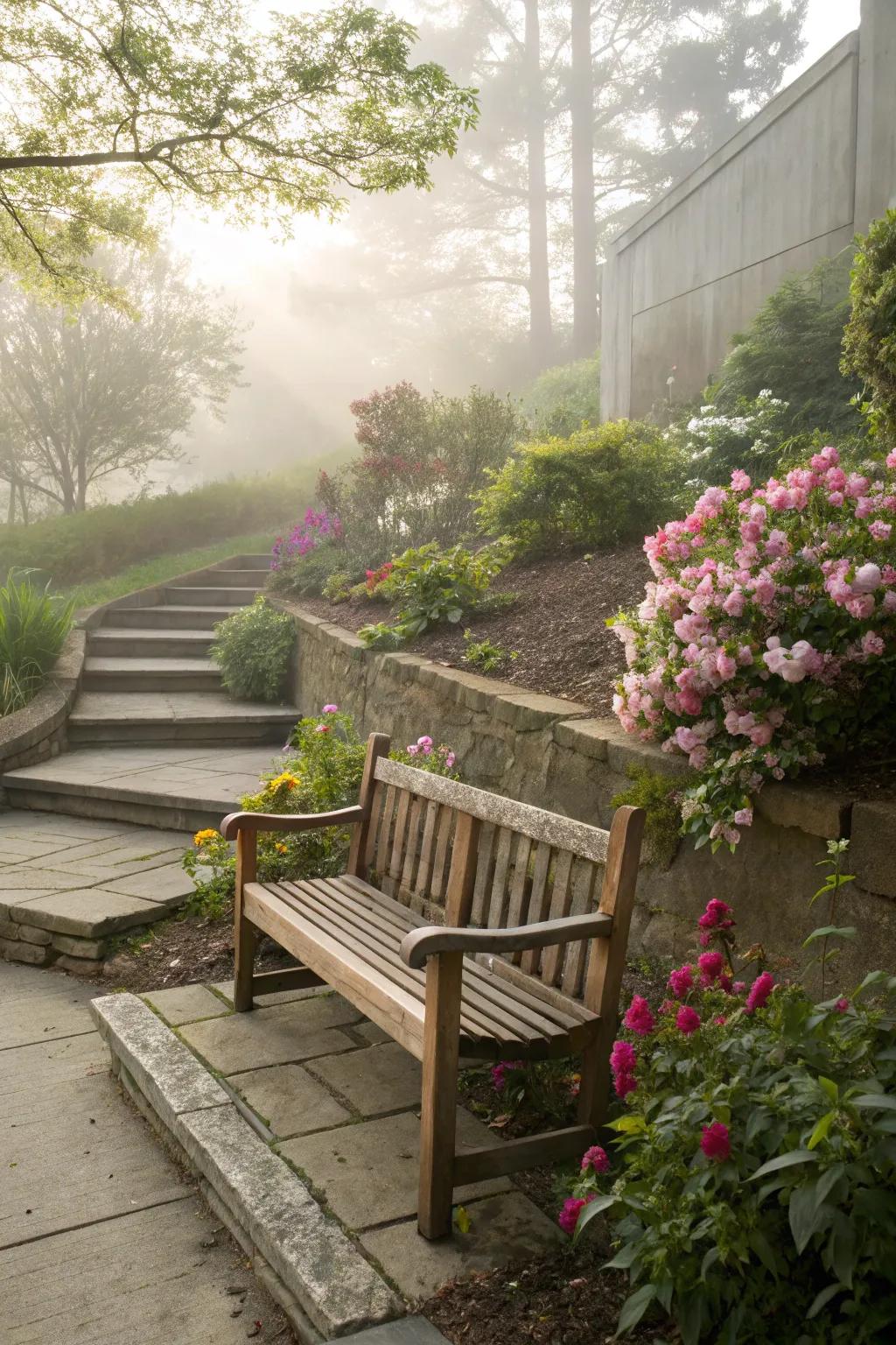 A peaceful seating nook by the garden steps.