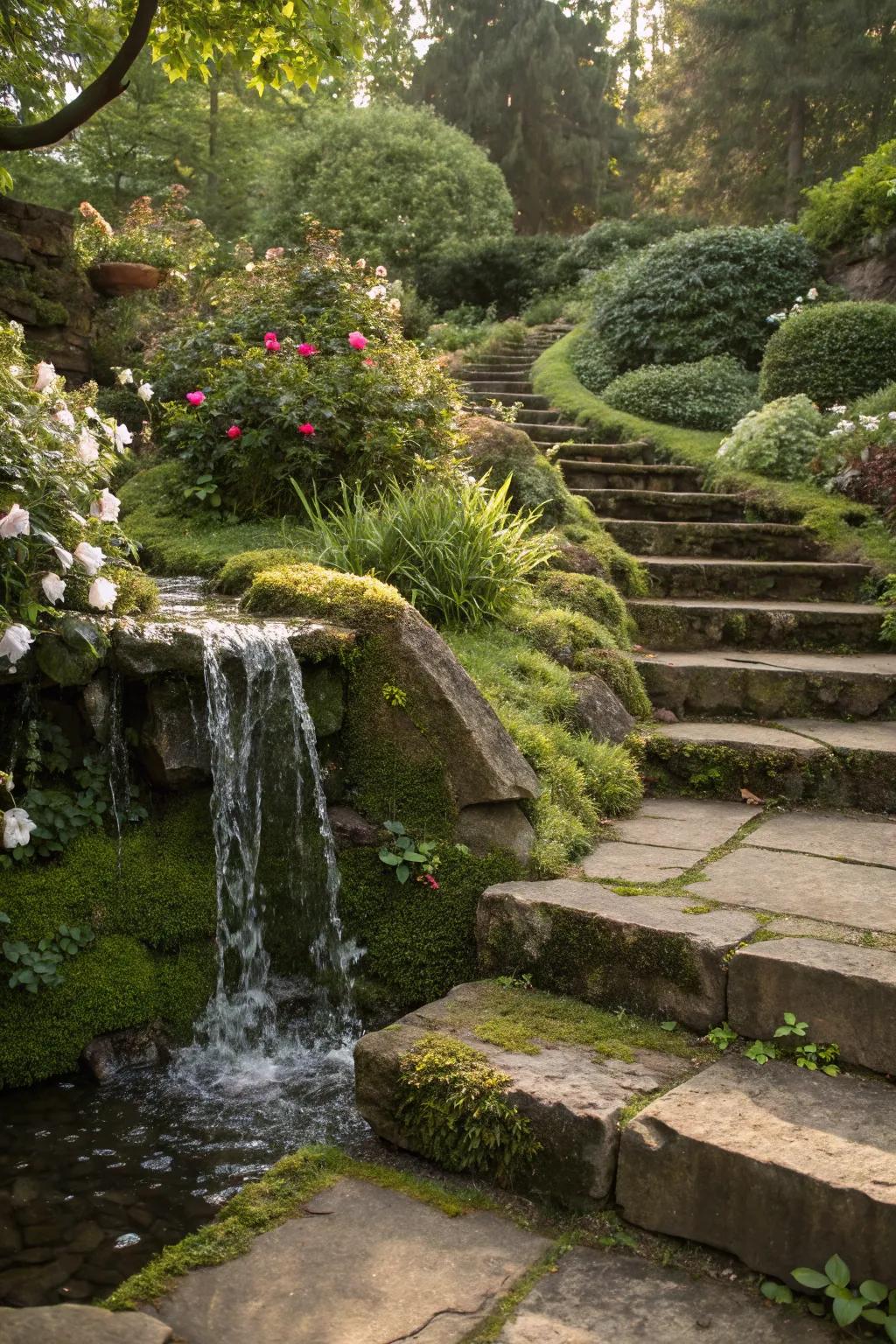 Steps harmonized with a tranquil water feature.