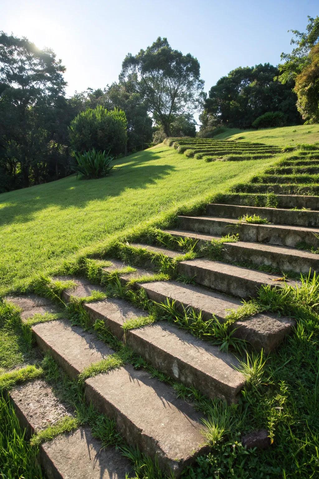 Grass steps offering a seamless blend with the lawn.