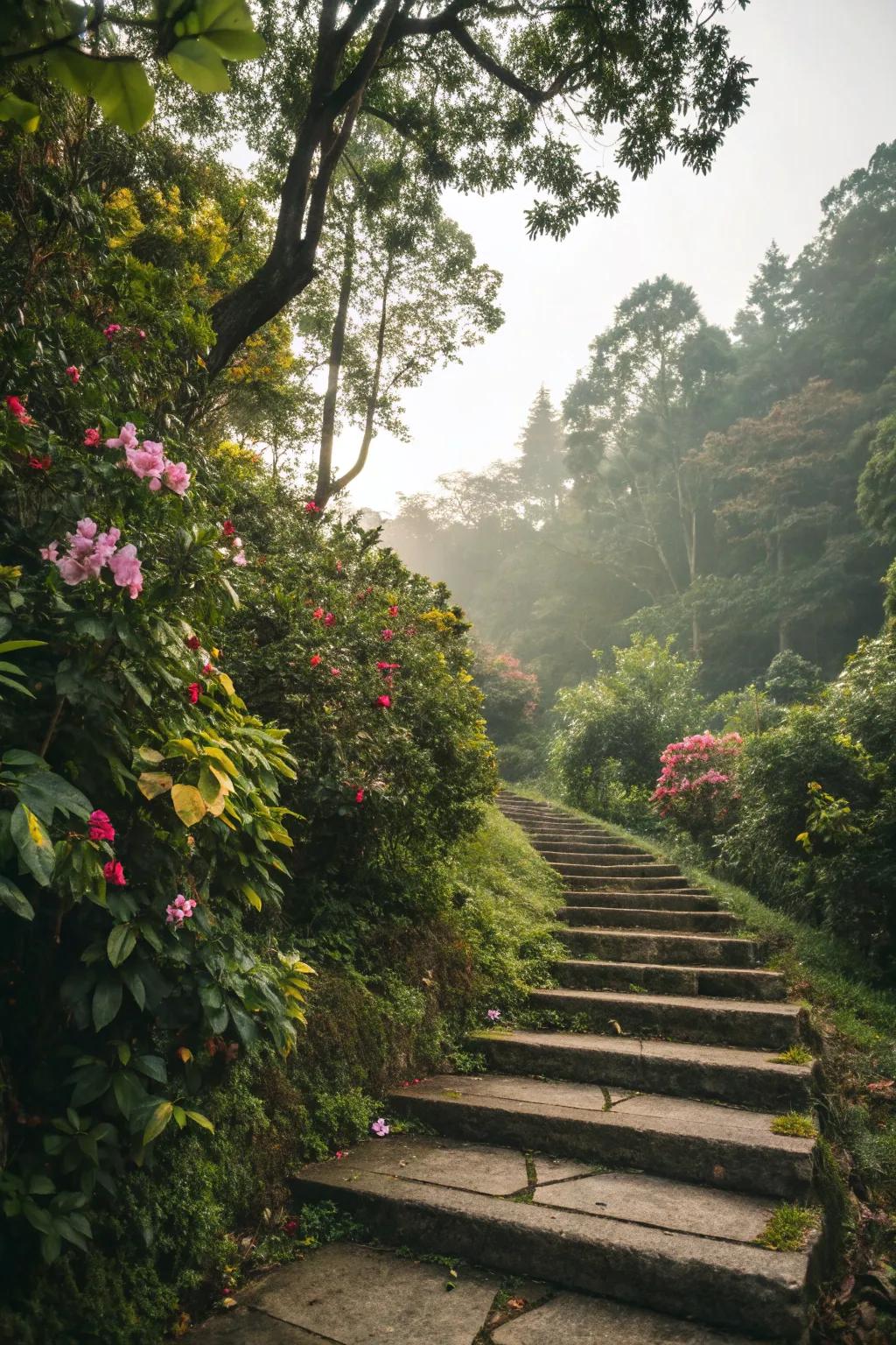 Steps enveloped by thriving greenery for a natural feel.