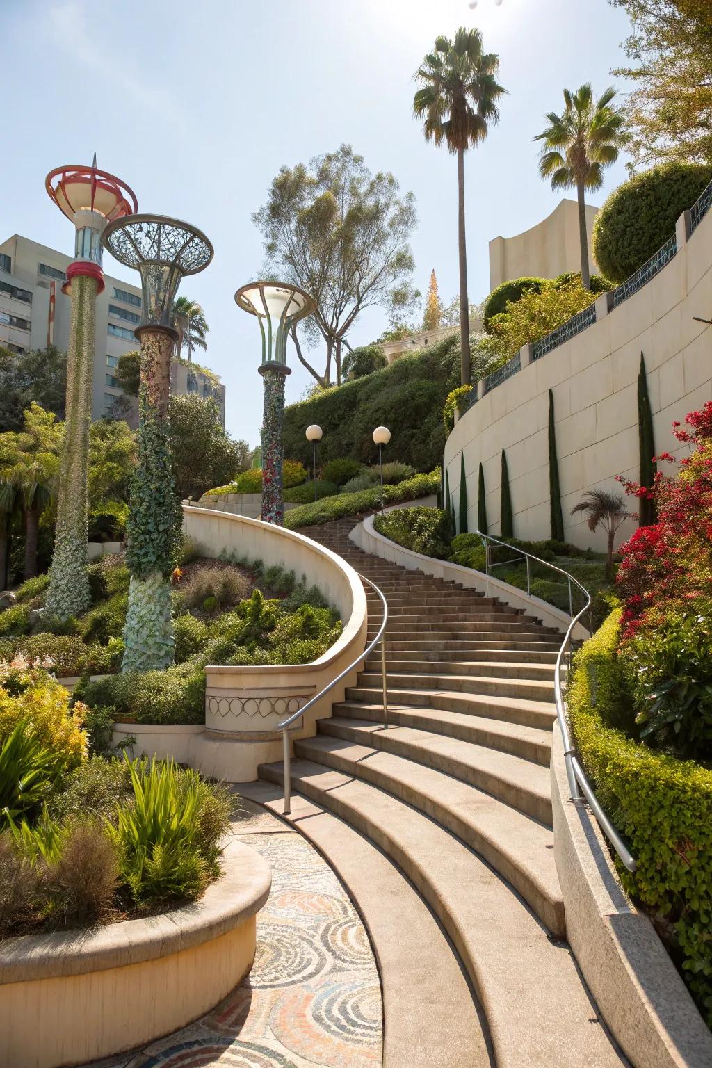 Sculptural steps adding an artistic touch to the garden.