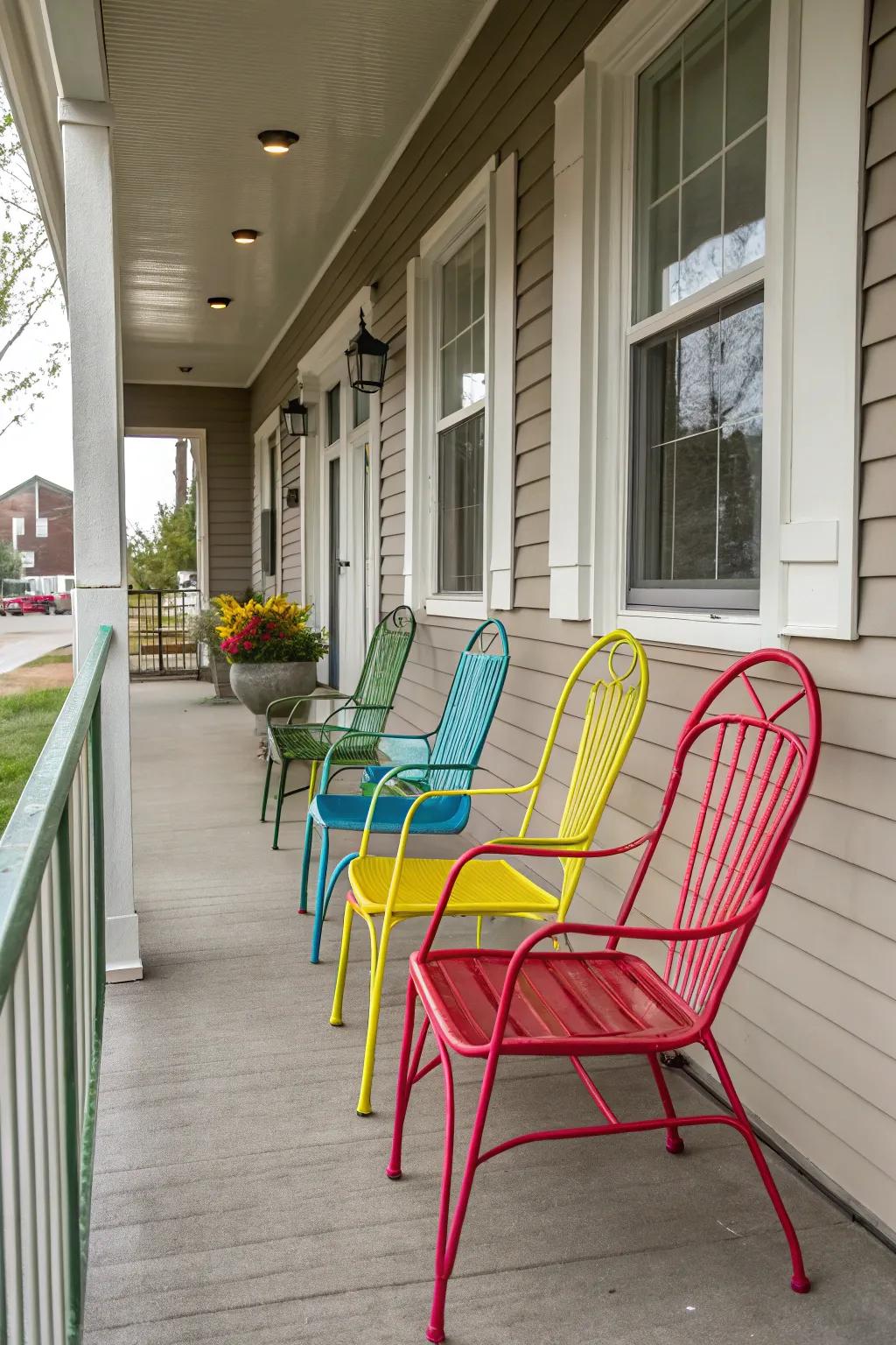 Brighten up your porch with colorful metal chairs.