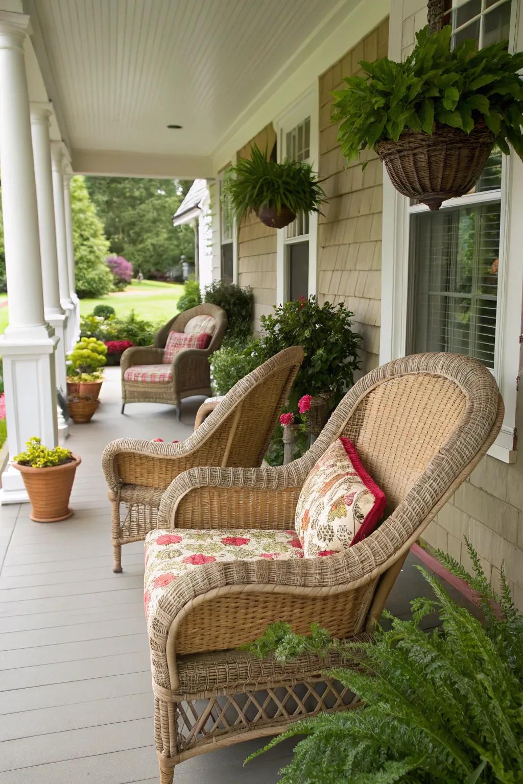 Wicker chairs add elegance and comfort to your porch.