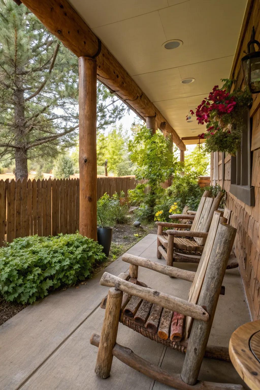 Add a rugged charm with rustic log chairs.