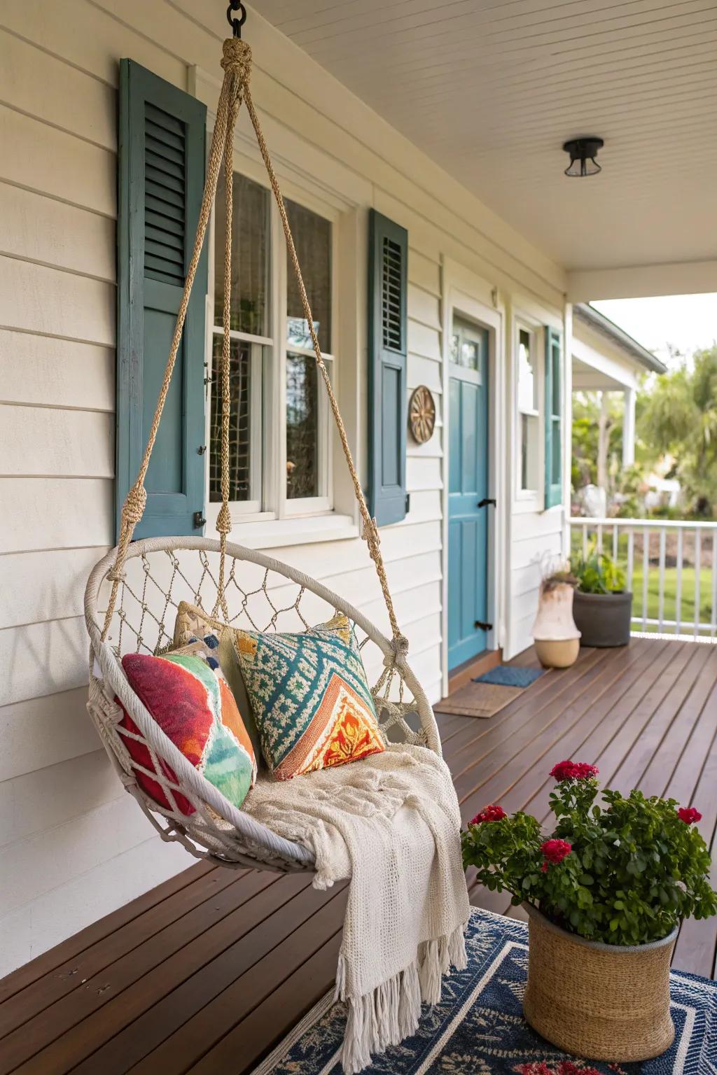 Swing into relaxation with a hanging chair on your porch.