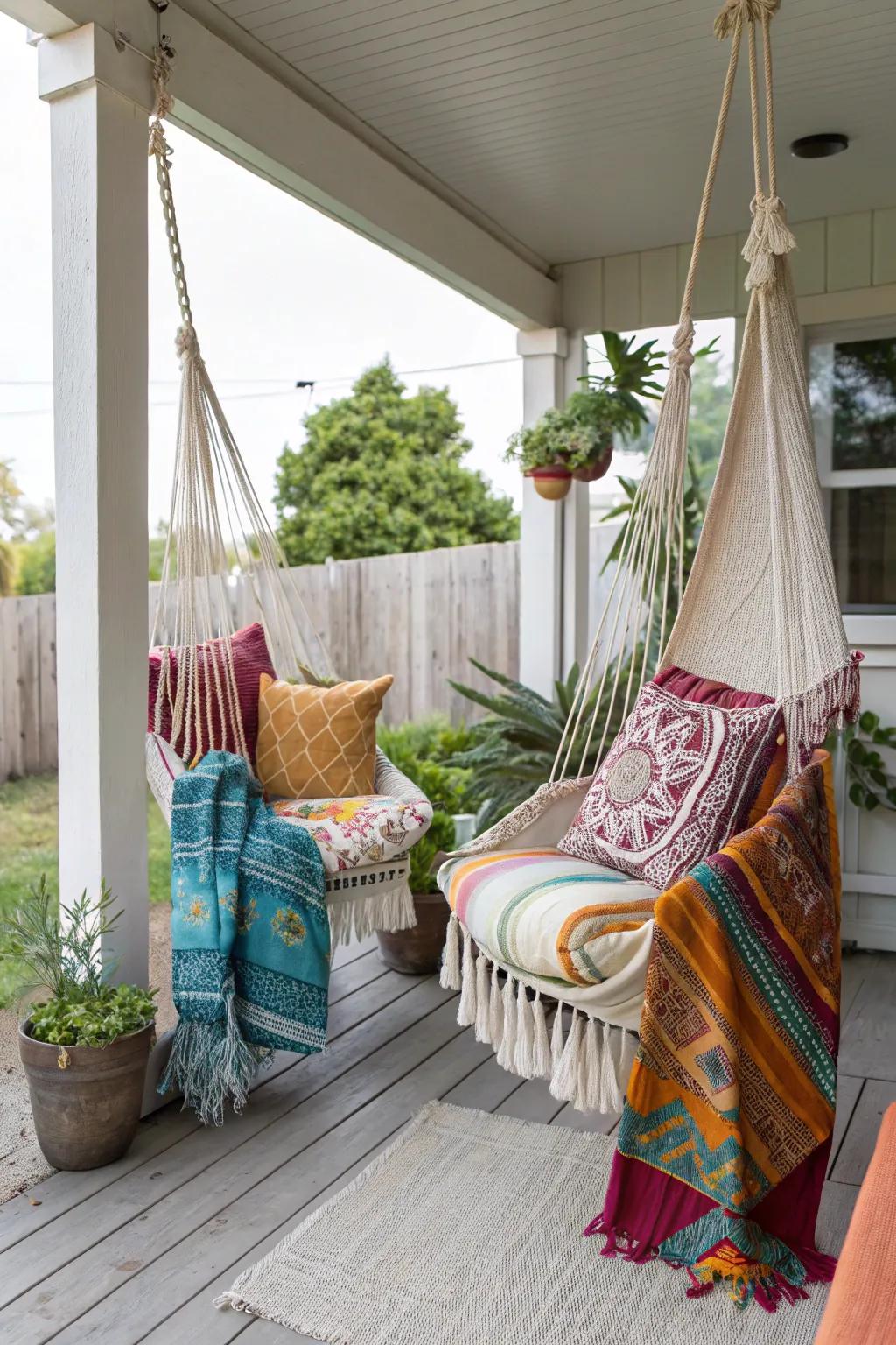Embrace boho chic with hammock chairs for a laid-back feel.