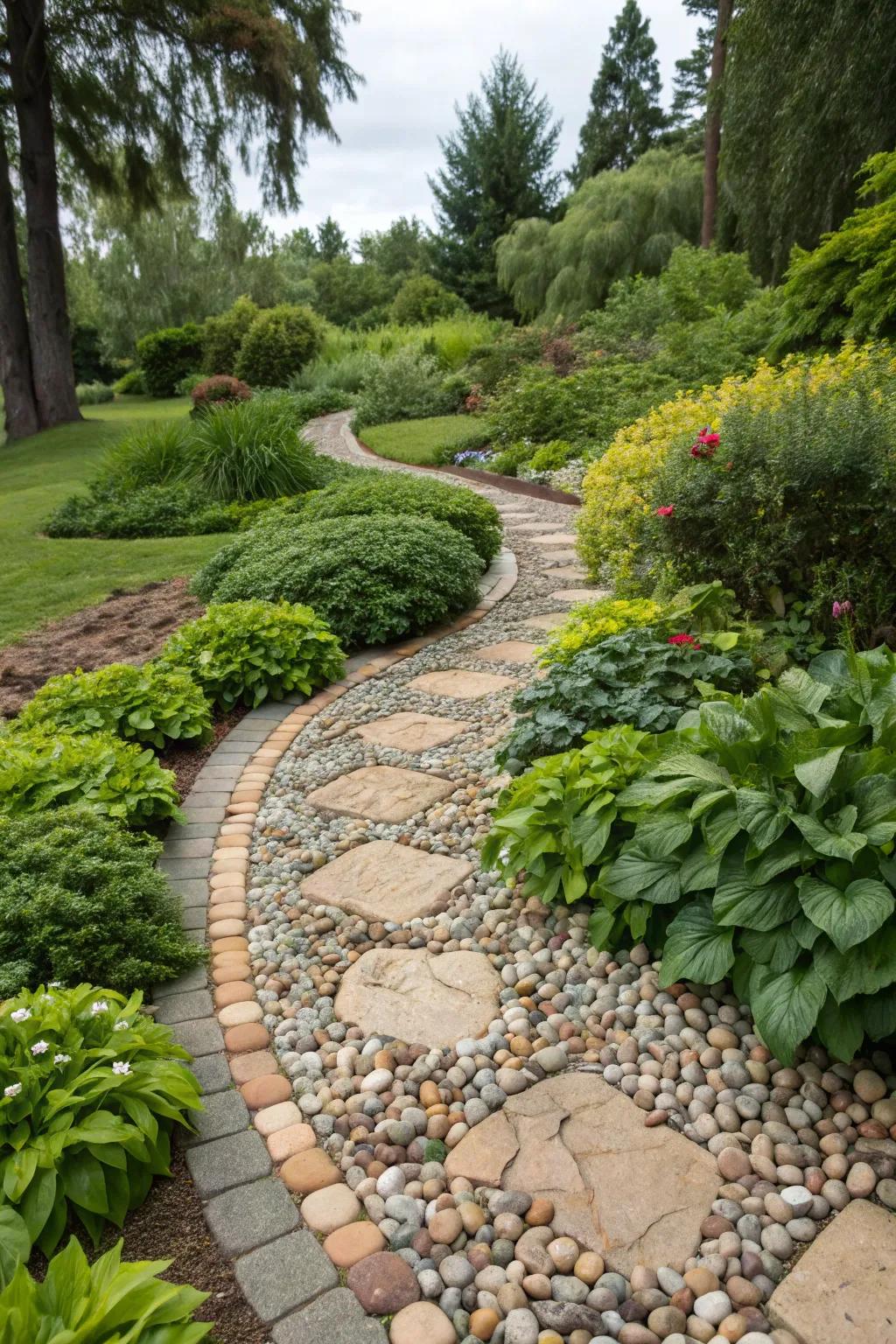A garden pathway made of colorful pebbles invites exploration.