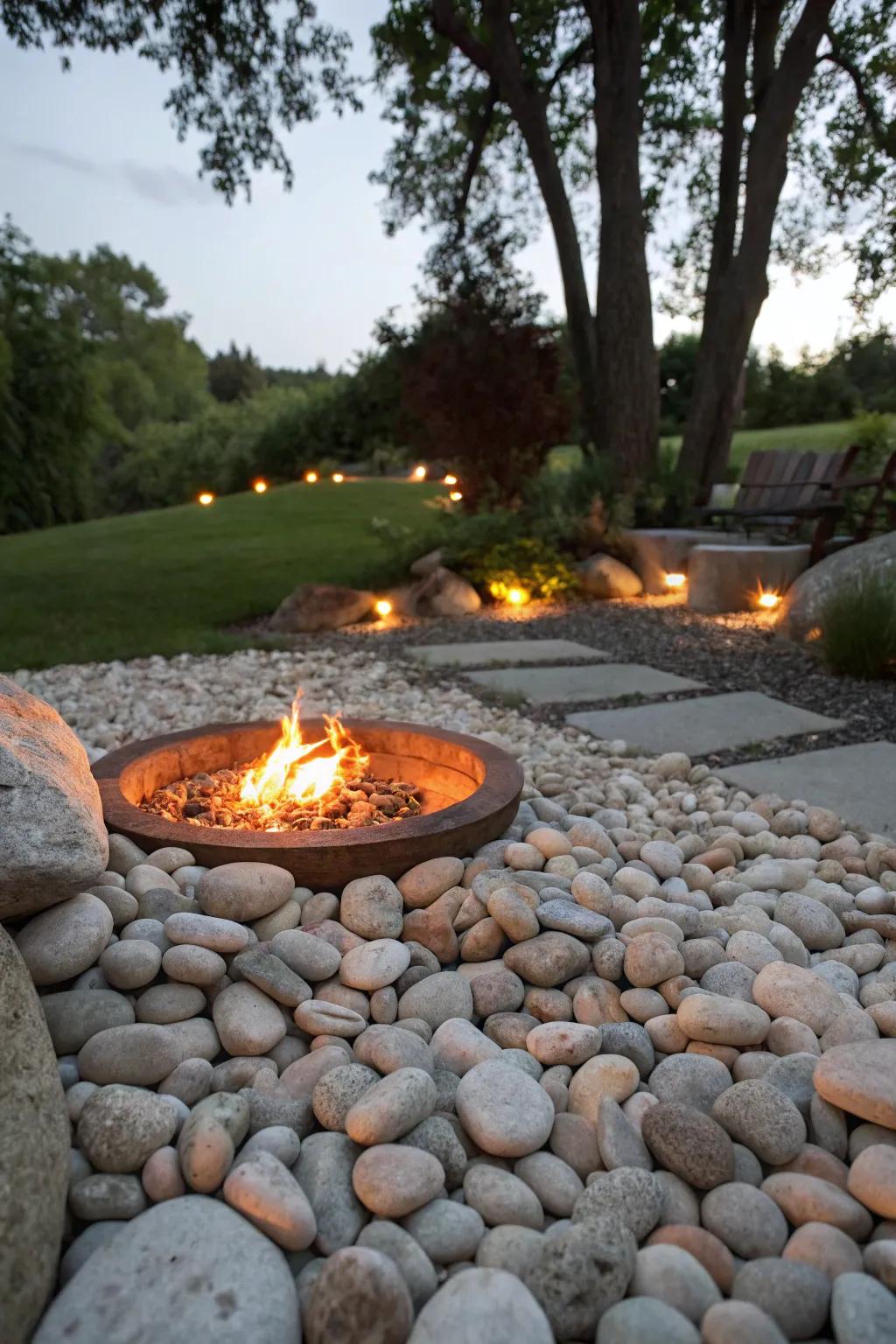 Pebbles make a stylish and safe surround for fire pits.