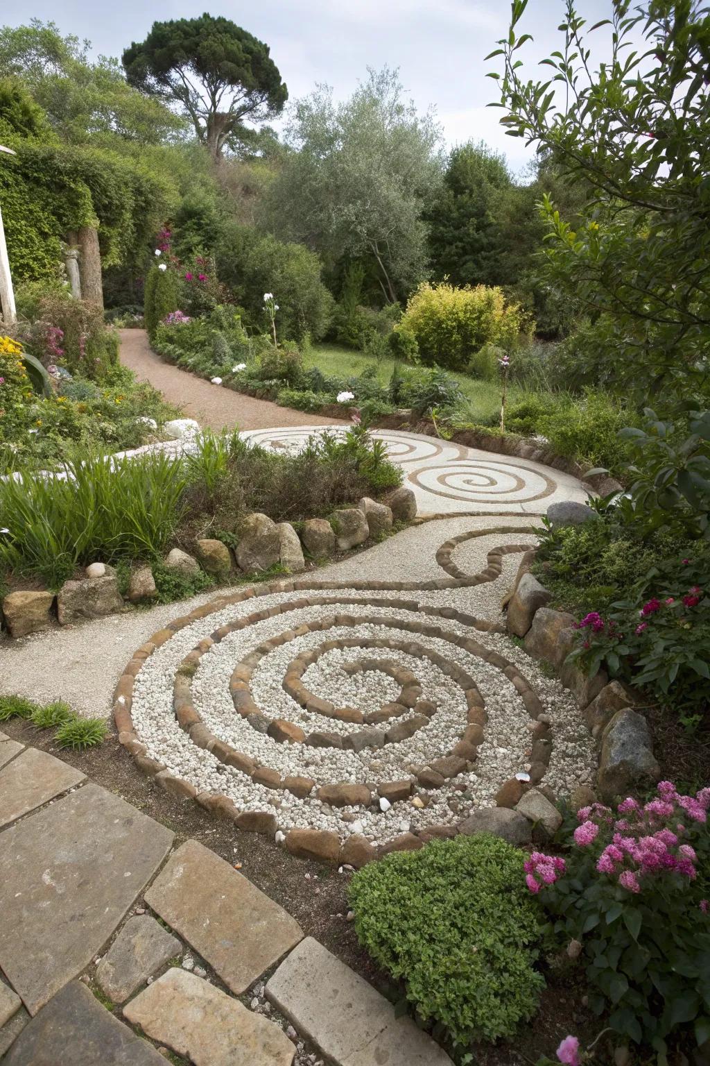 Intricate pebble patterns add artistic flair to any garden.