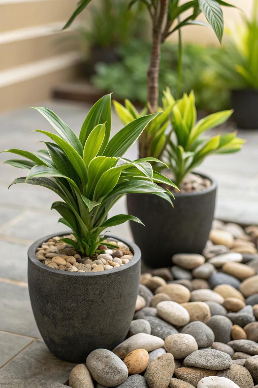 Pebbles around planters add a decorative touch and highlight the greenery.