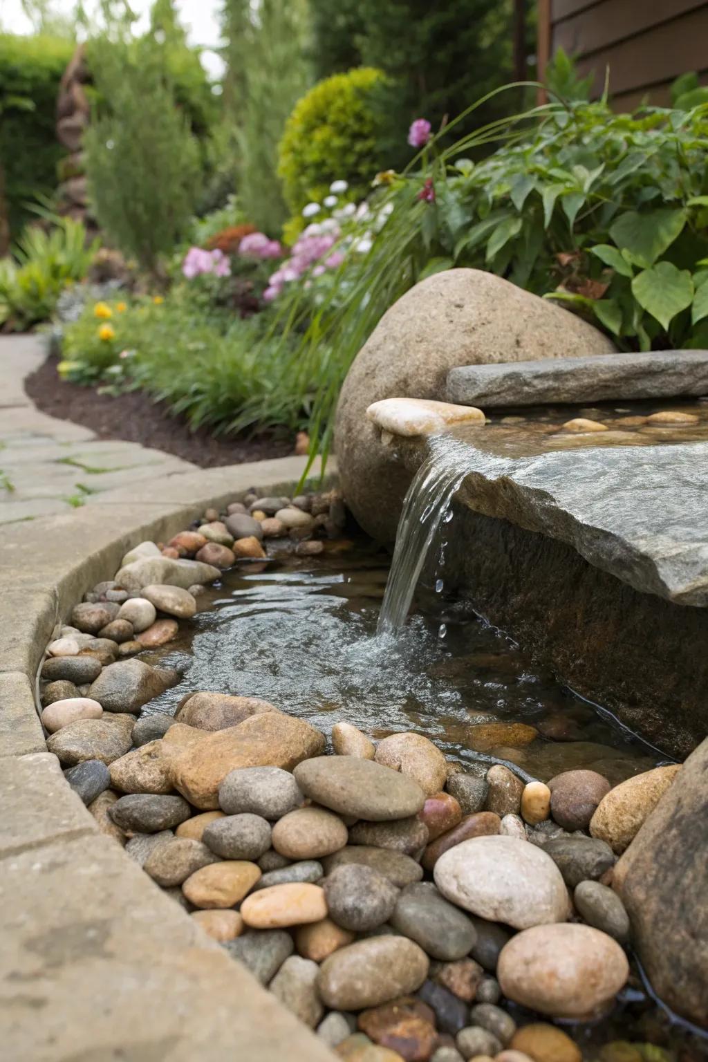 Pebbles around water features create a soothing, natural look.