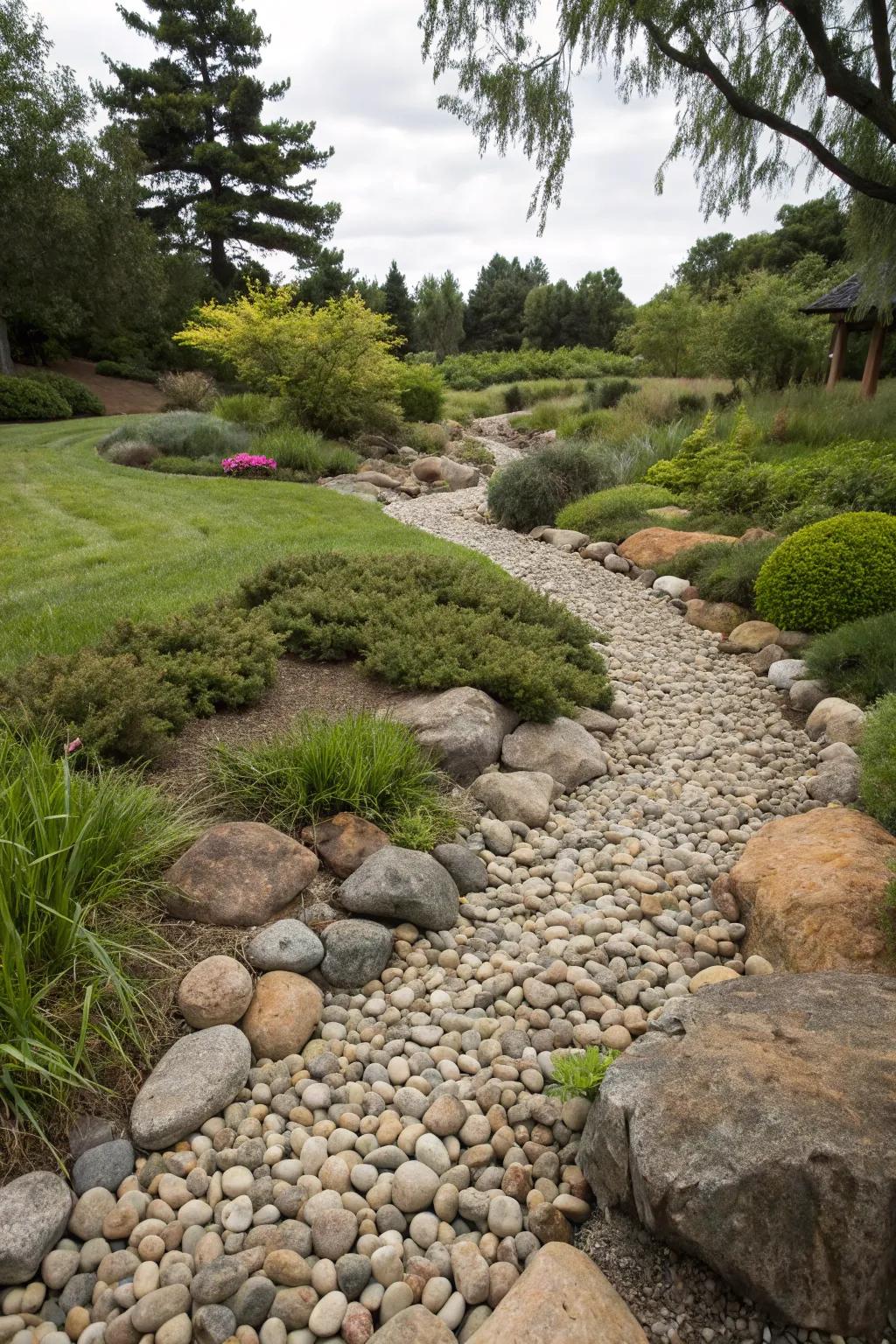 Dry riverbeds of pebbles add rustic charm and practicality.