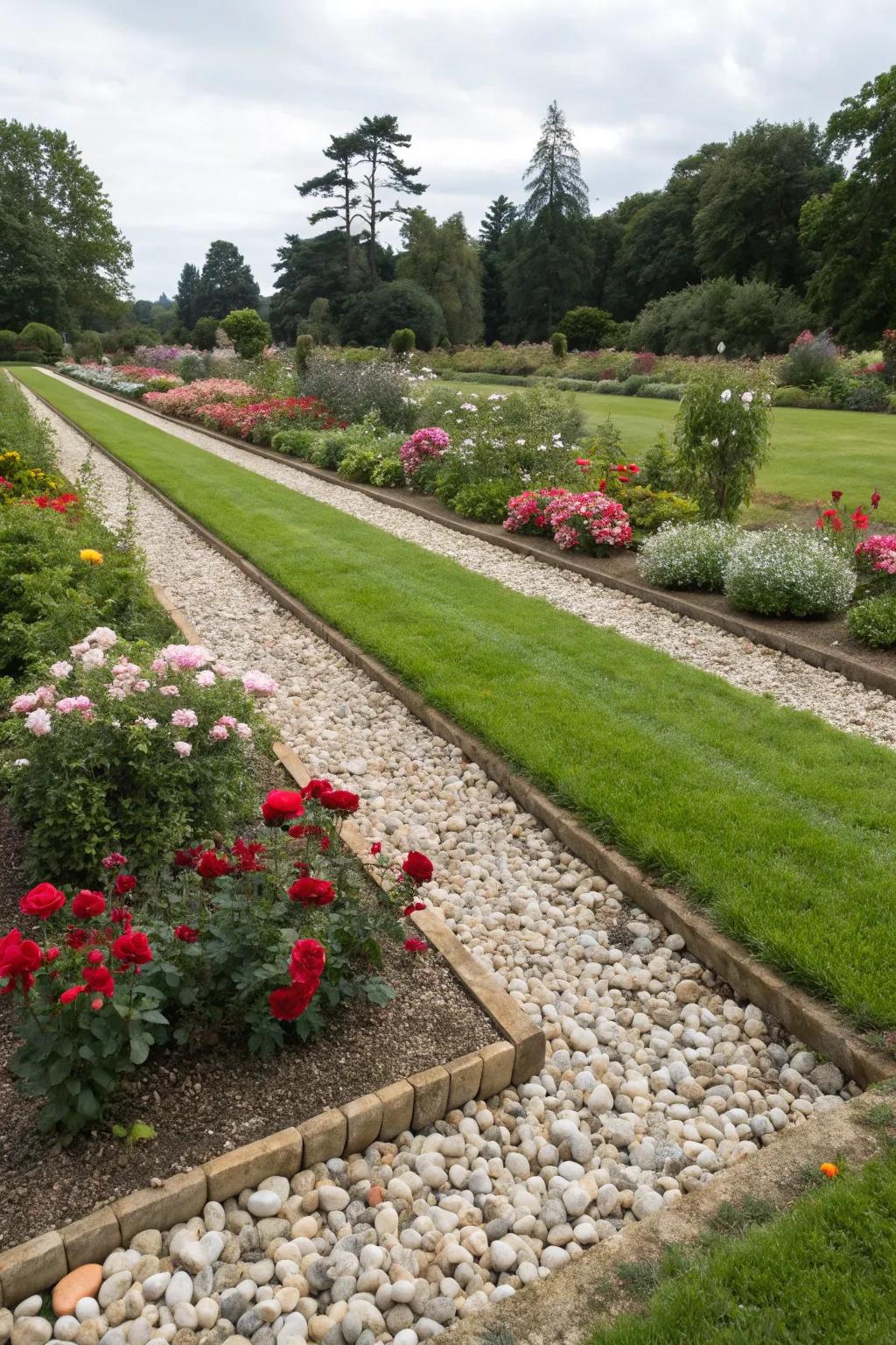 Pebbles used as edging provide a clean separation in the garden.