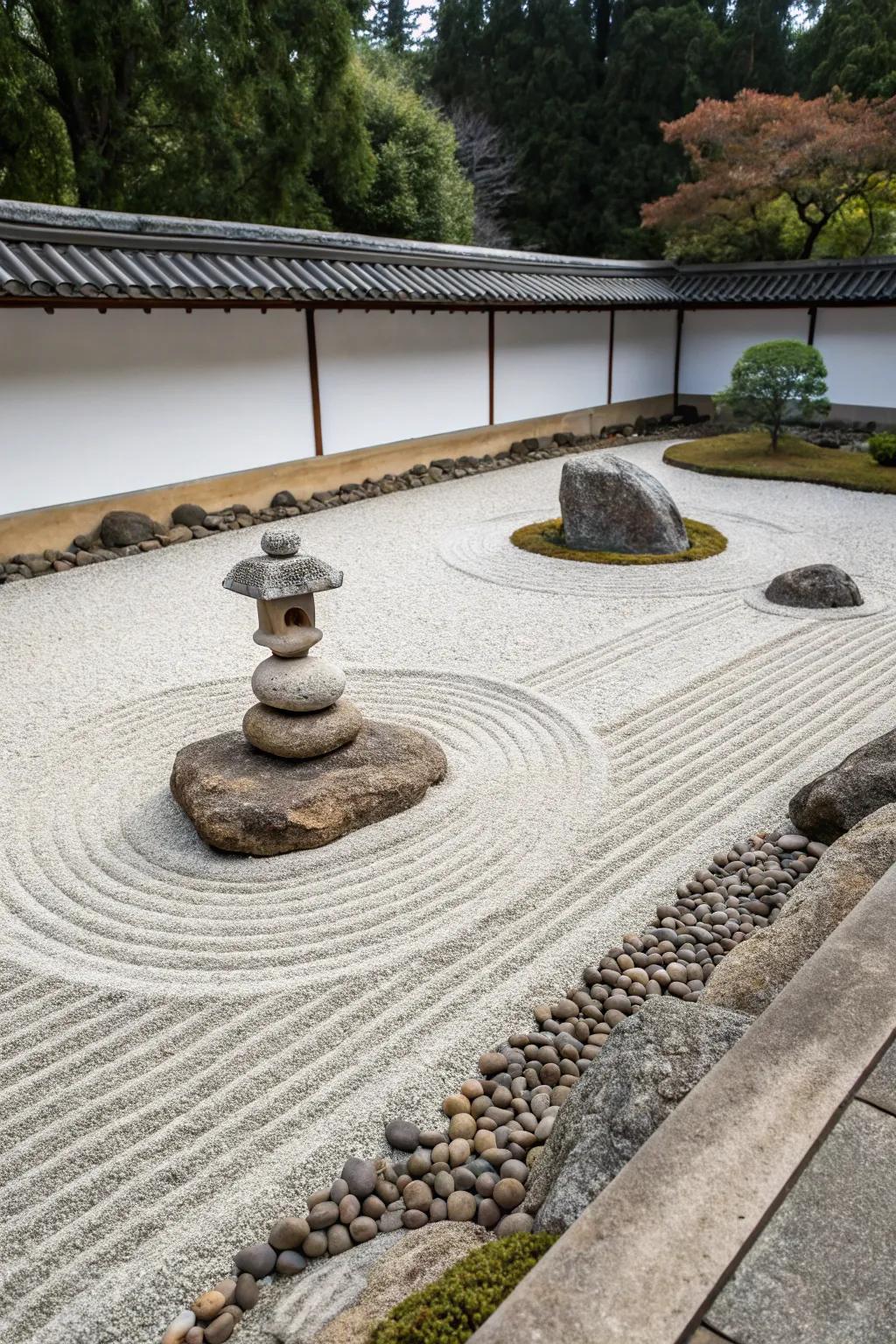 Find peace in a Zen garden designed with raked pebbles.