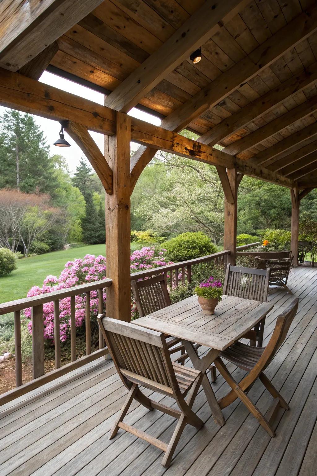 Rustic beams bring warmth and charm to outdoor spaces.