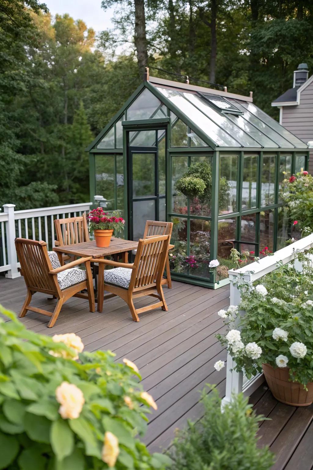Hybrid greenhouse decks merge relaxation with gardening.