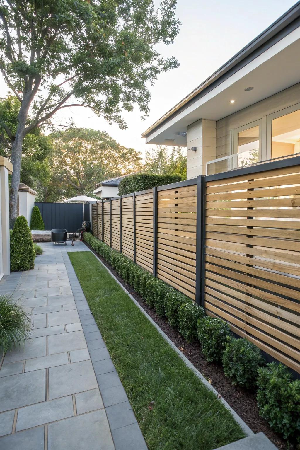 Varying slat widths give a fresh twist to fencing.