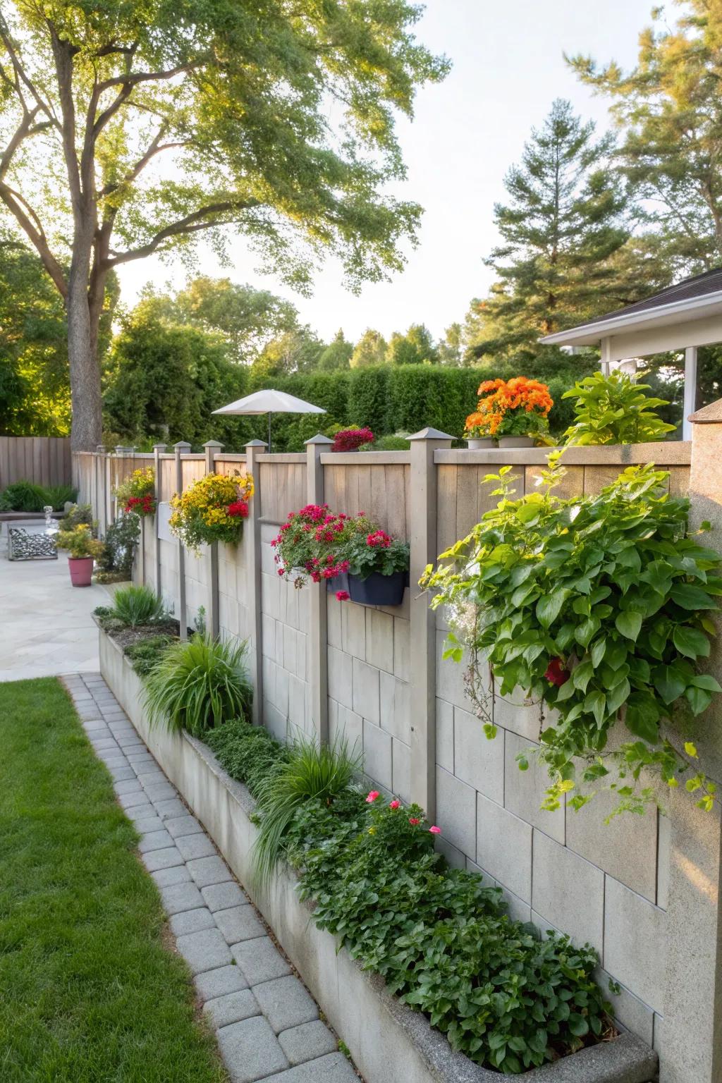 Planters add vibrancy to a sturdy concrete fence.