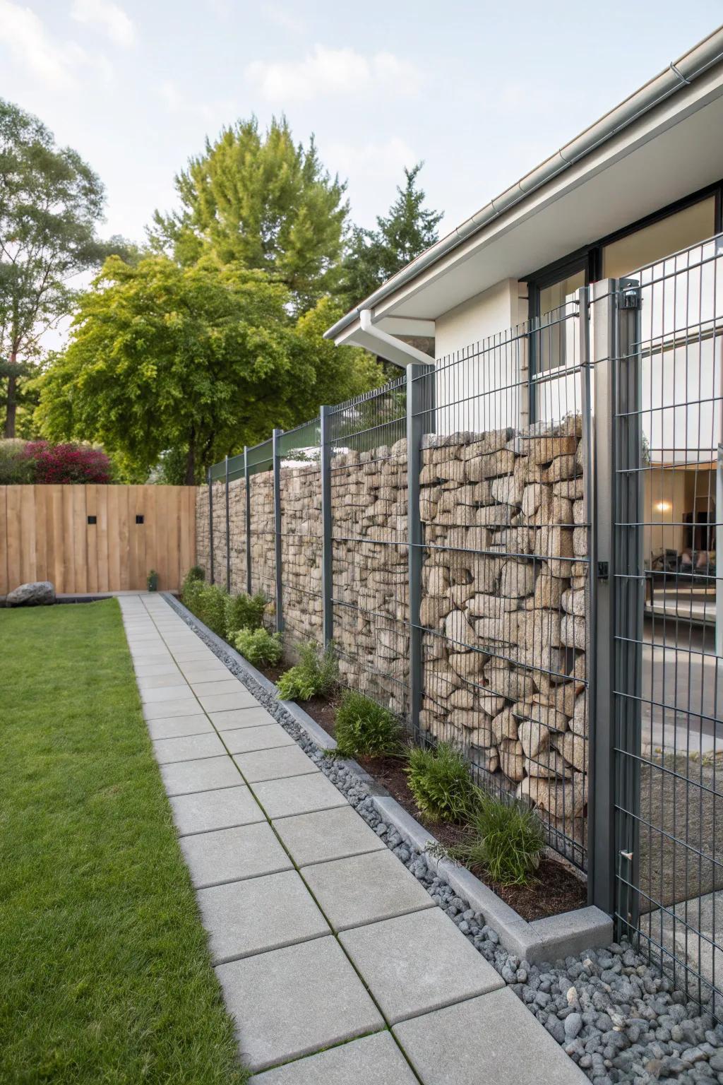 Gabion walls combine strength with natural beauty.