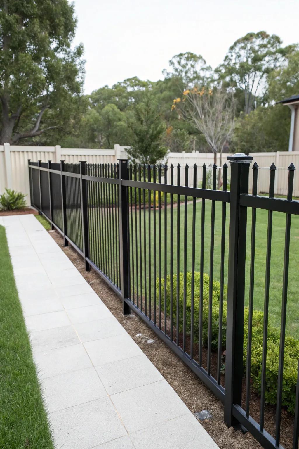 Black iron fences offer sleek, modern elegance.
