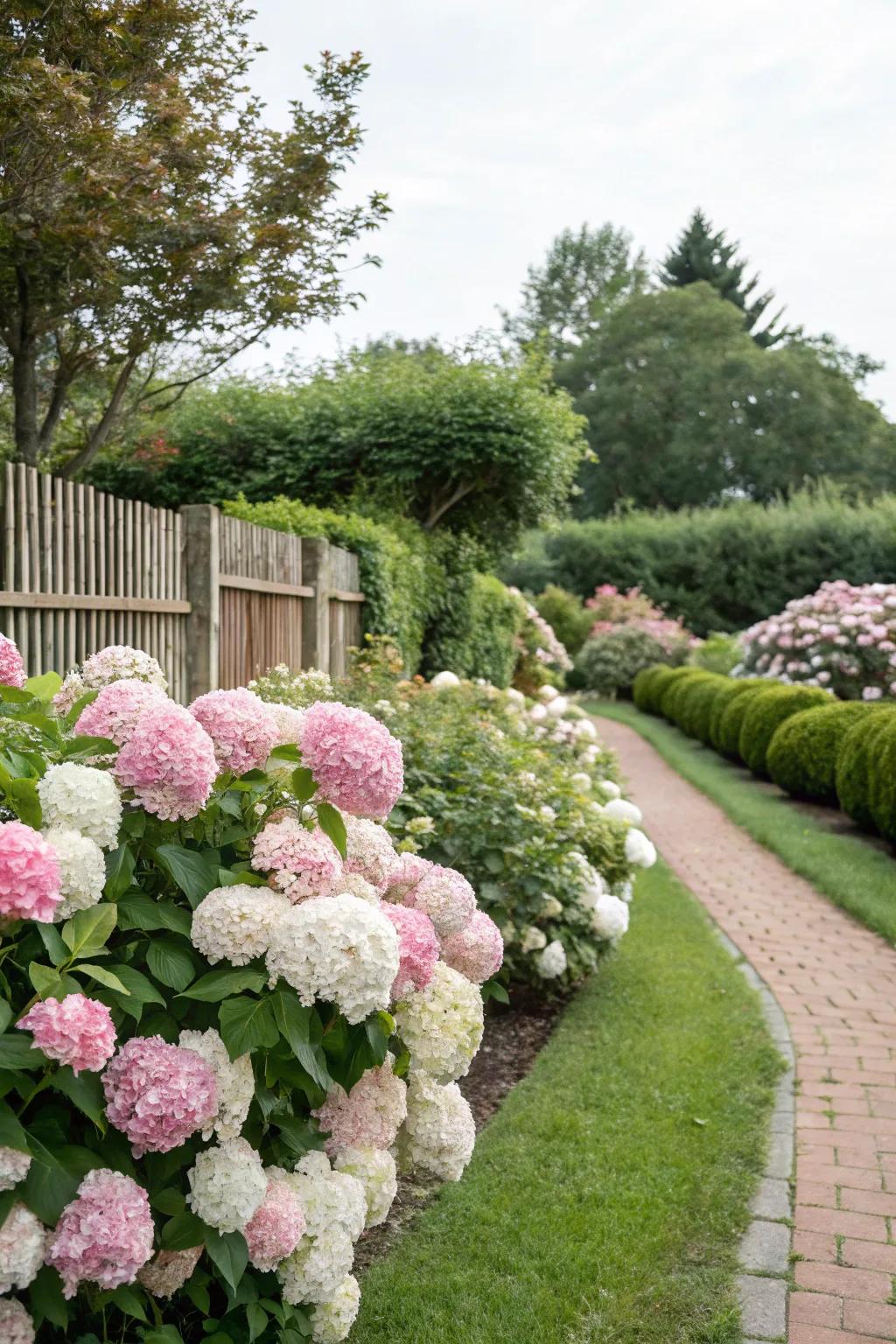 A charming garden framed by a lush hydrangea border.