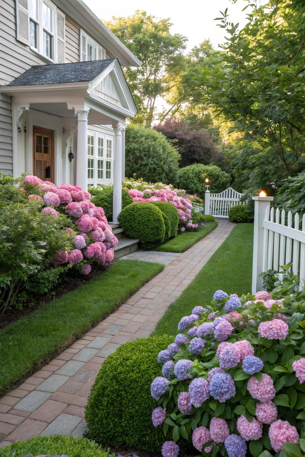 Hydrangeas adding charm to a home's front yard.