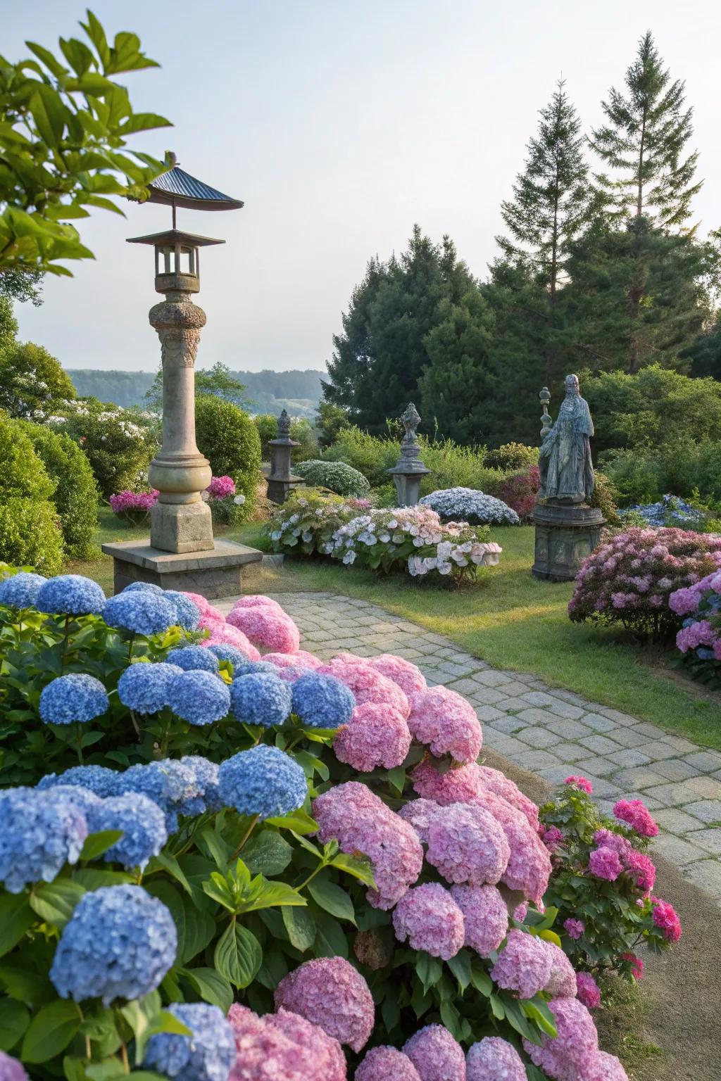 Hydrangeas beautifully combined with outdoor sculptures.