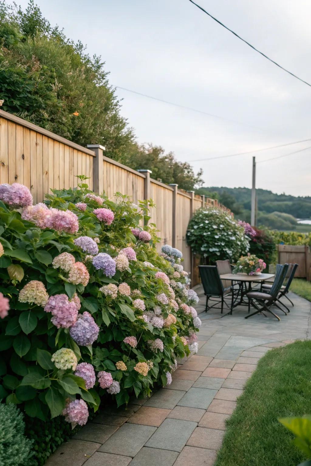 A lush hydrangea hedge offering both privacy and beauty.