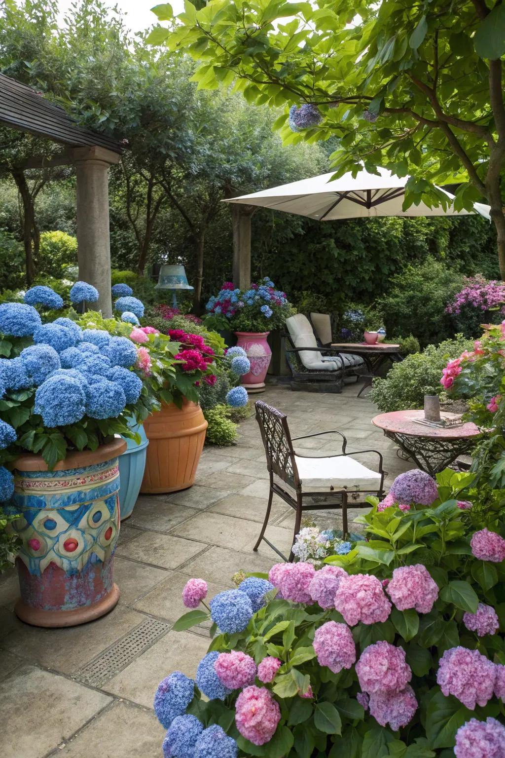 Decorative accents enhancing a hydrangea garden.