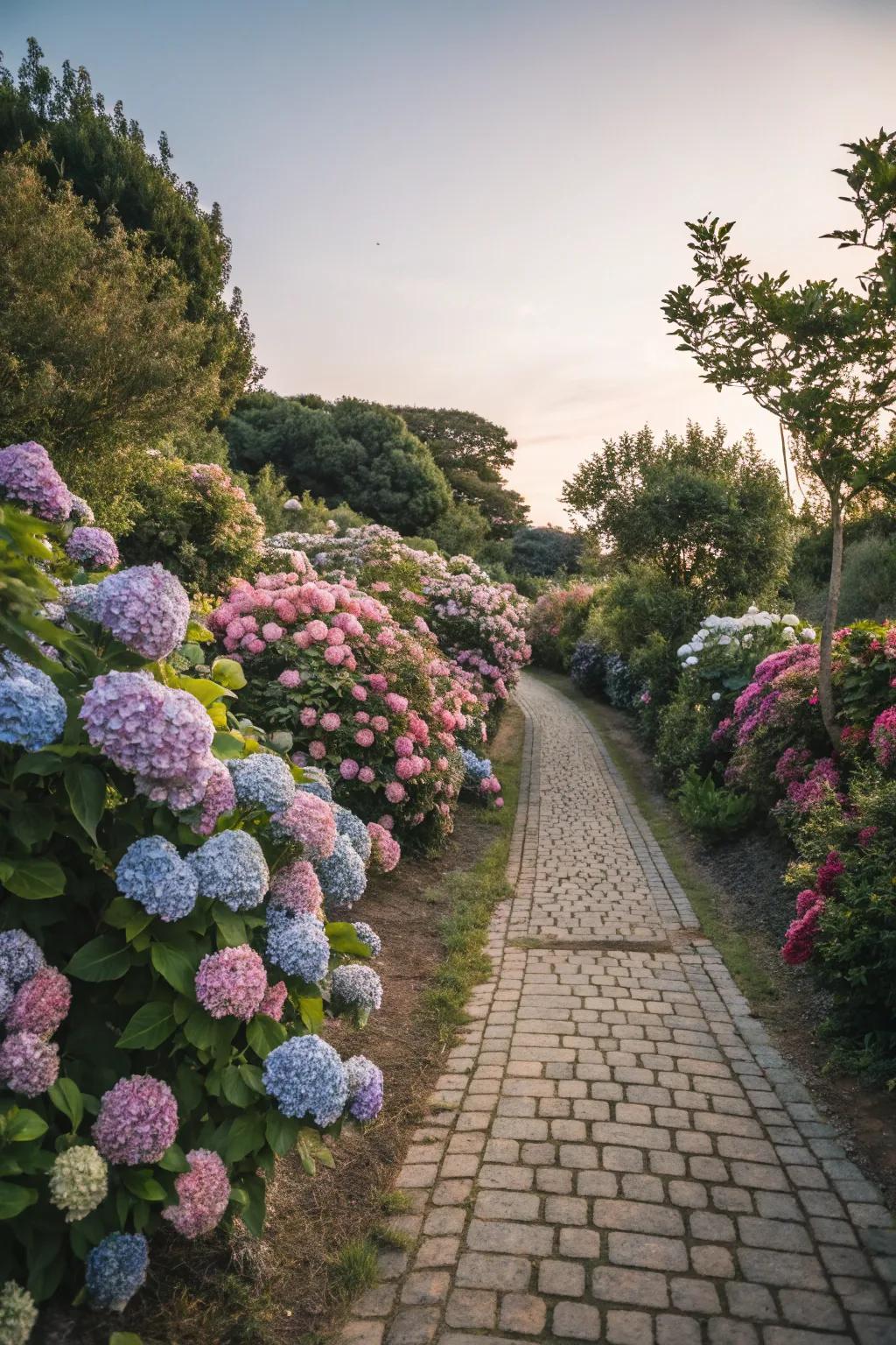 A charming garden path bordered by blooming hydrangeas.