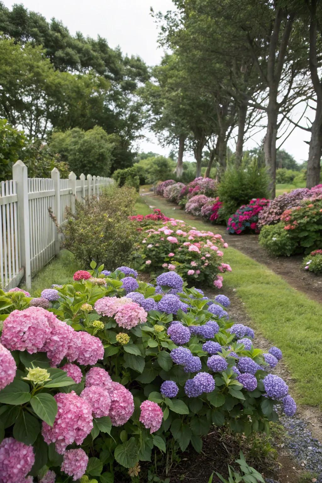 Dwarf hydrangeas bringing color to a small garden space.