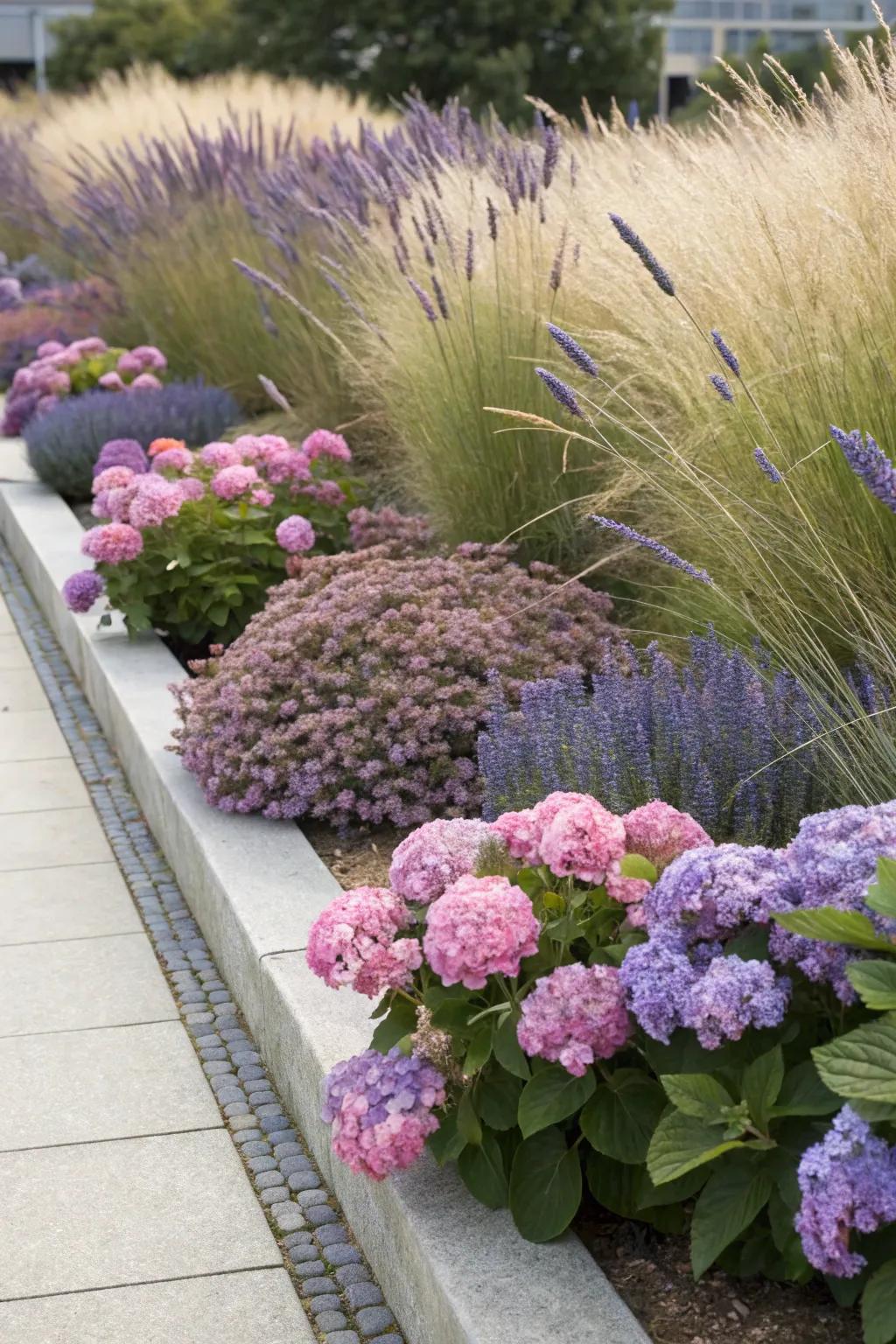 Hydrangeas beautifully paired with grasses and lavender.