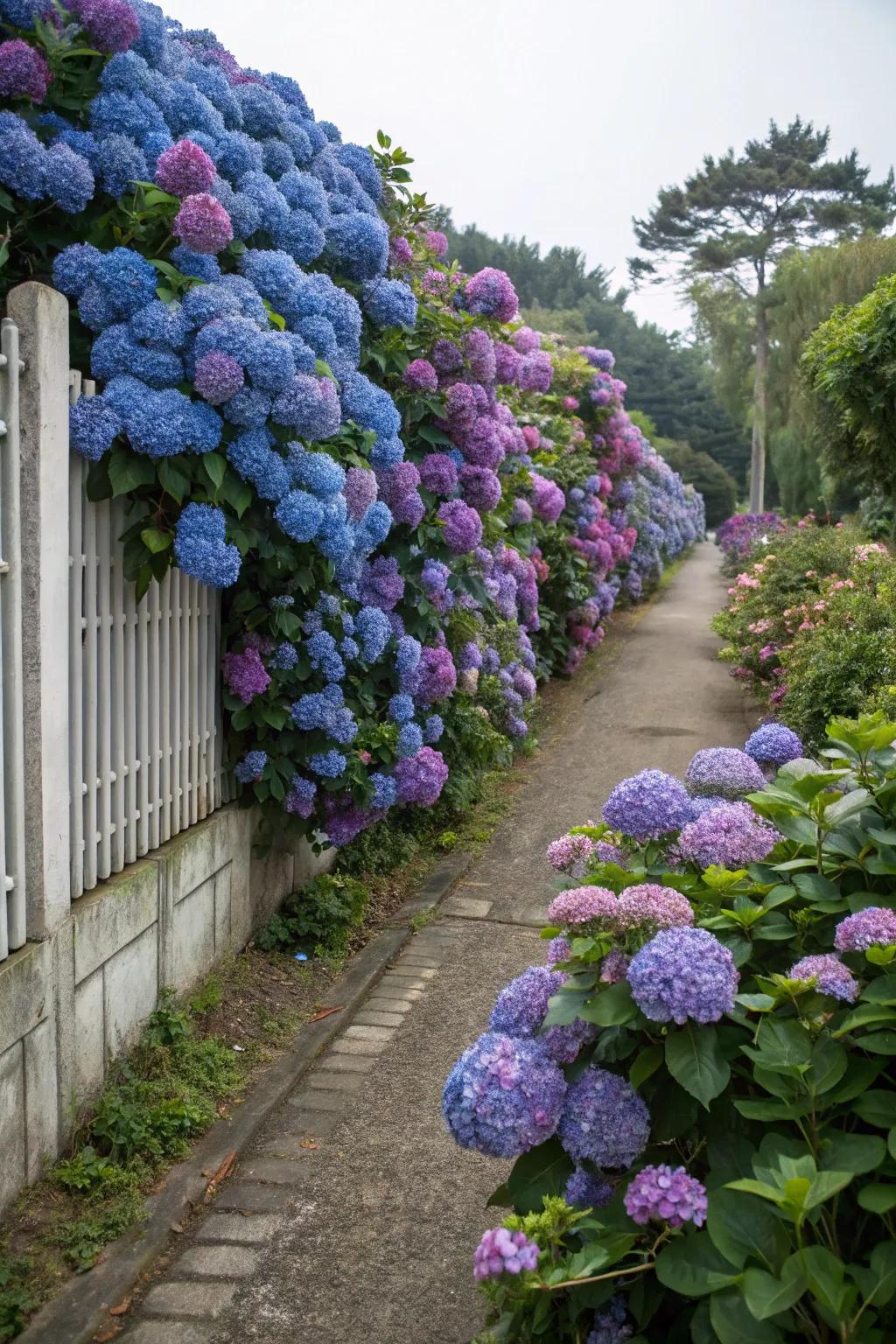 Climbing hydrangeas adorning a garden wall.