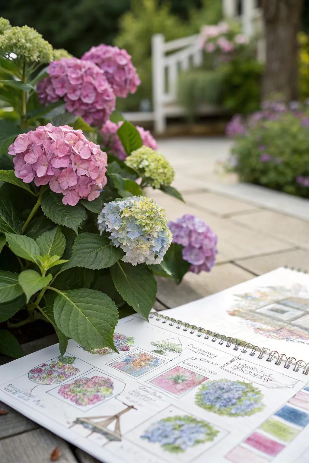 An artistic garden layout sketch with hydrangeas as focal points.