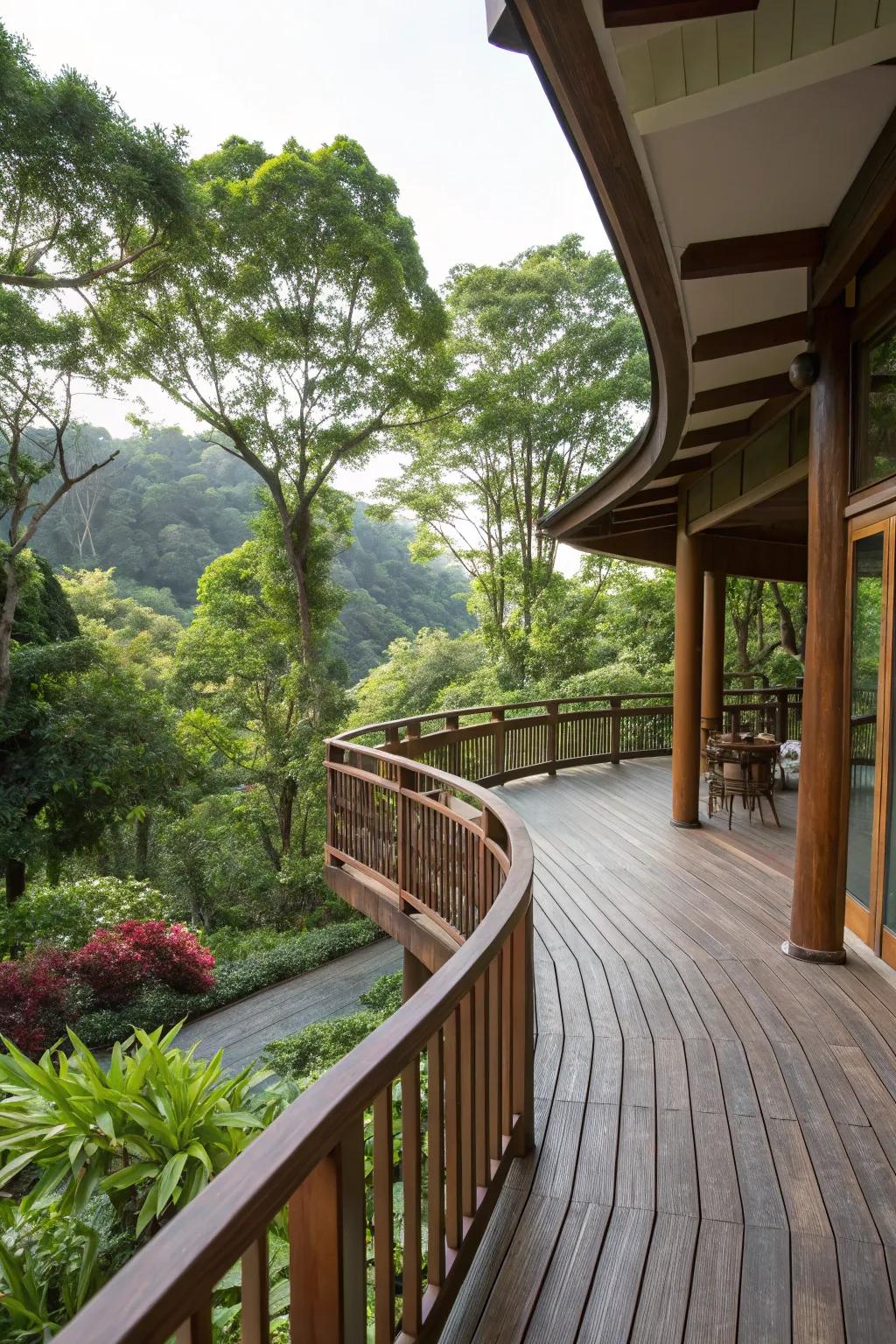 Wooden curved railings create a warm and inviting outdoor space.