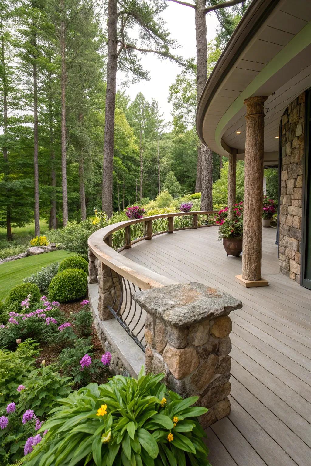 Natural stone railings provide a grounded and earthy touch.