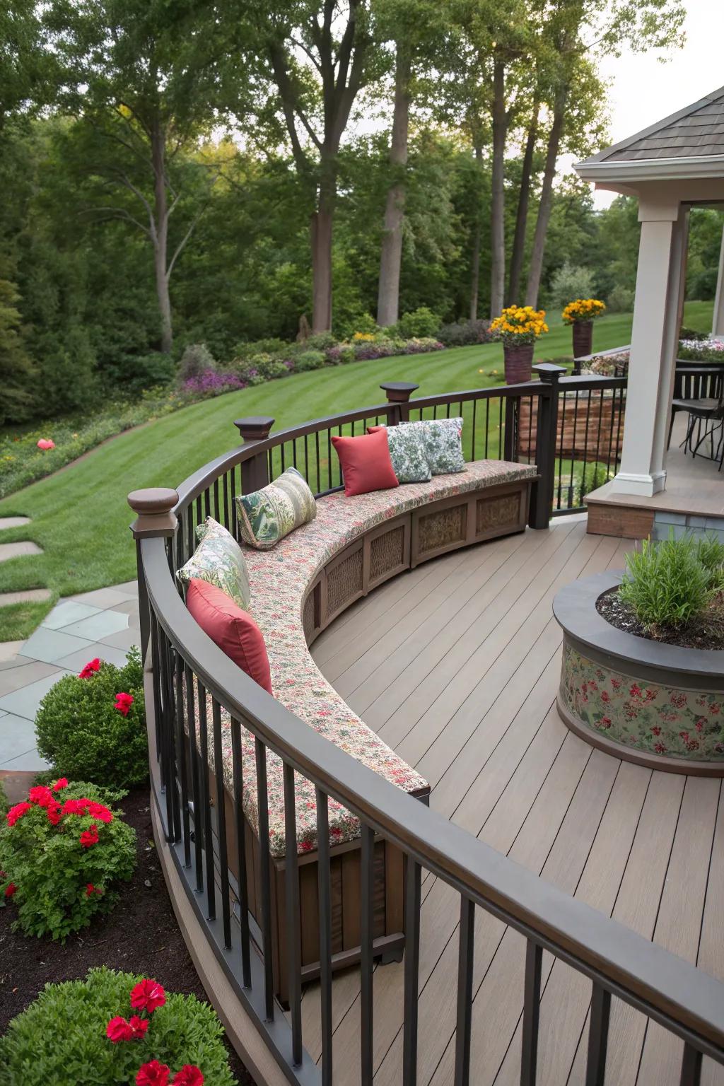 Integrated seating in railings maximizes space and comfort.