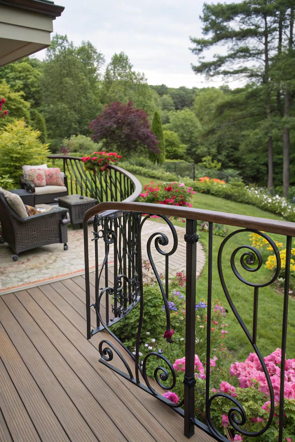 Decorative iron scrolls bring elegance and detail to deck railings.