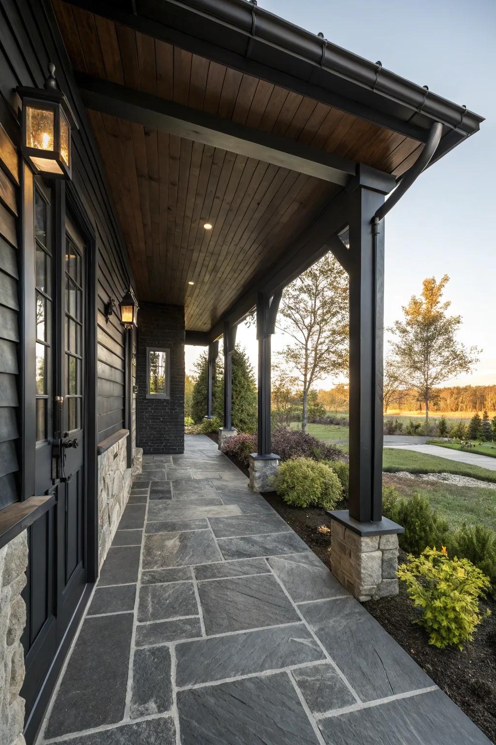Wood and stone textures add depth to this black porch.