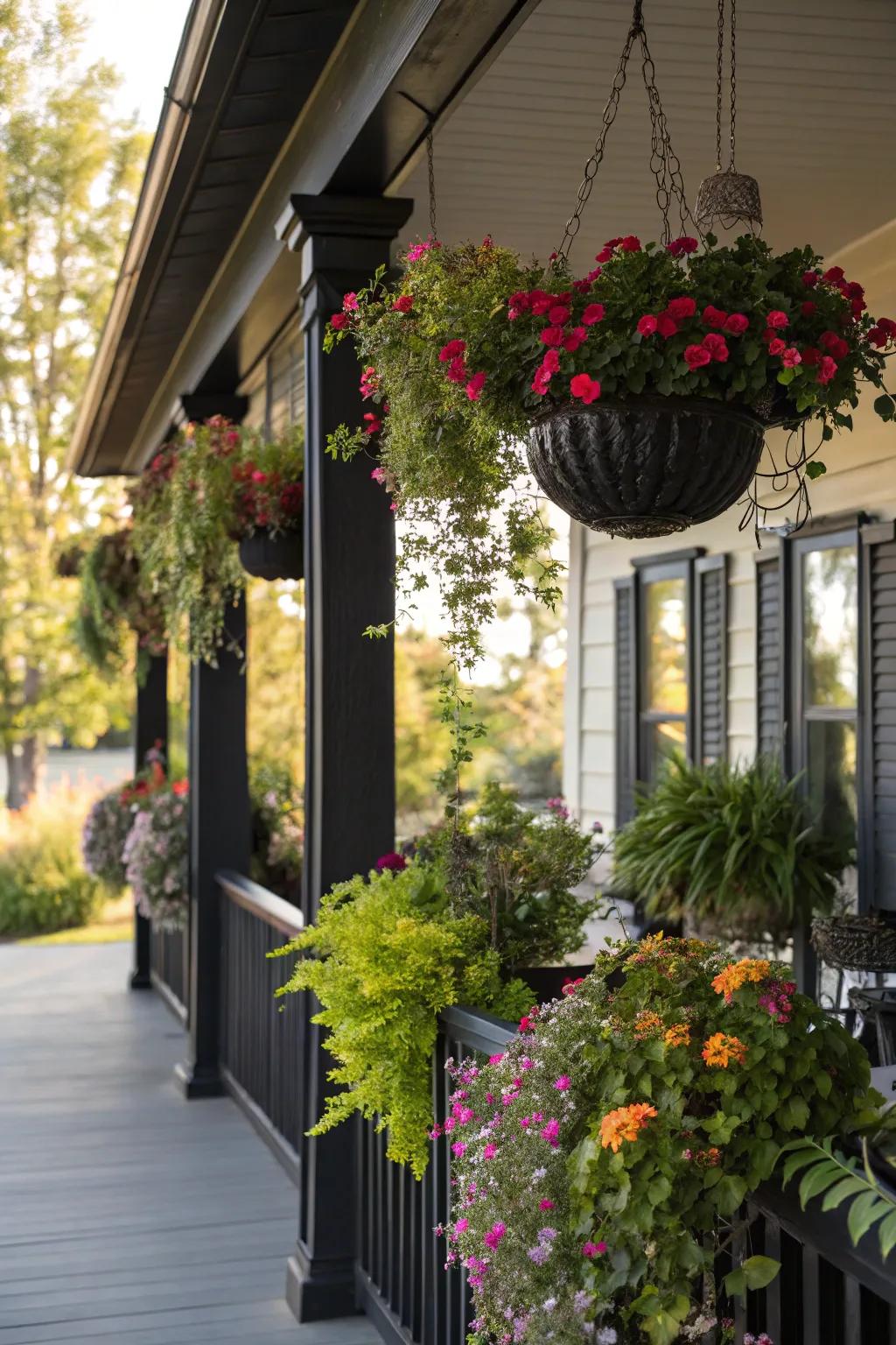 Hanging planters add vertical interest to this porch.