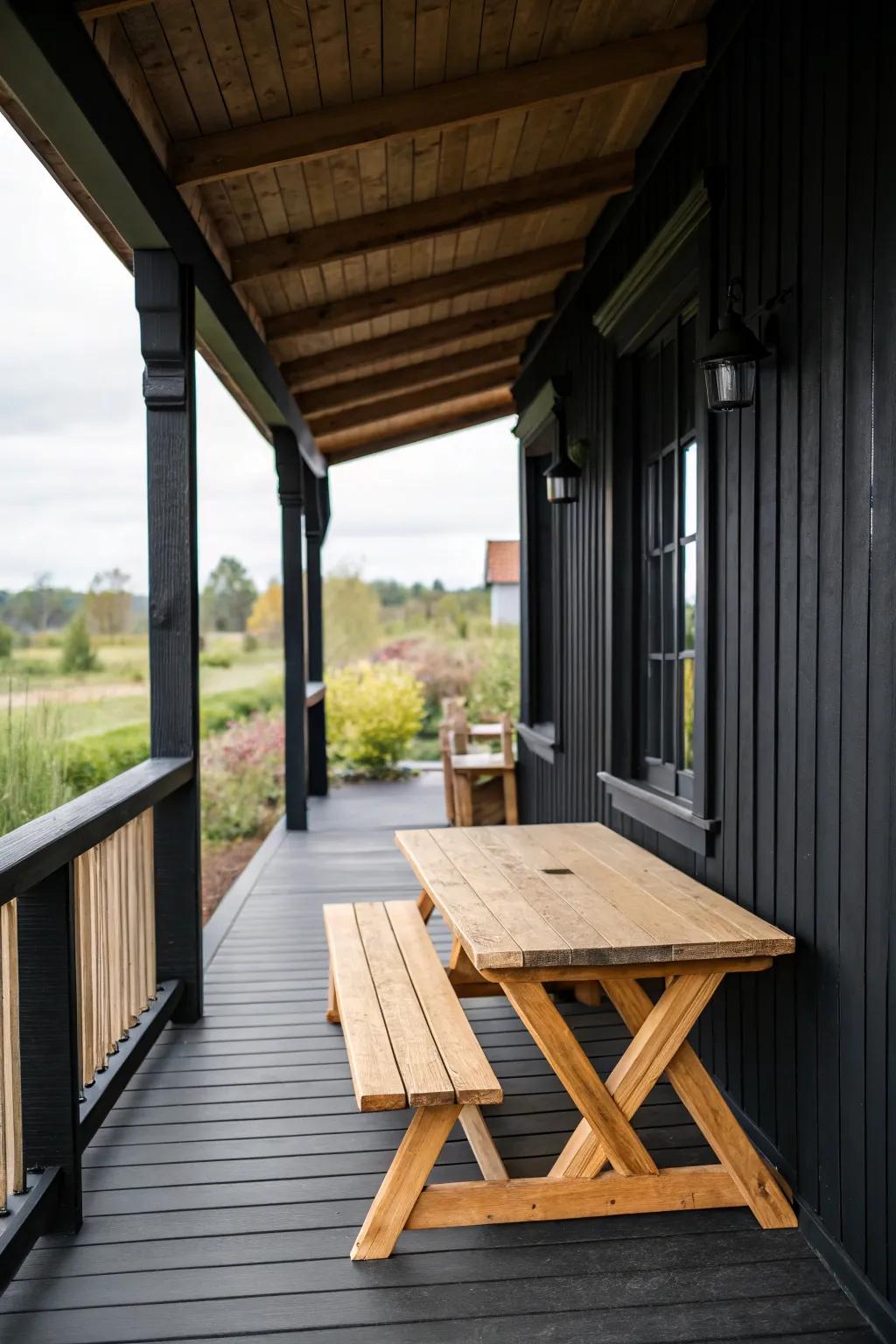 Natural wood accents warm up the sleek black porch.