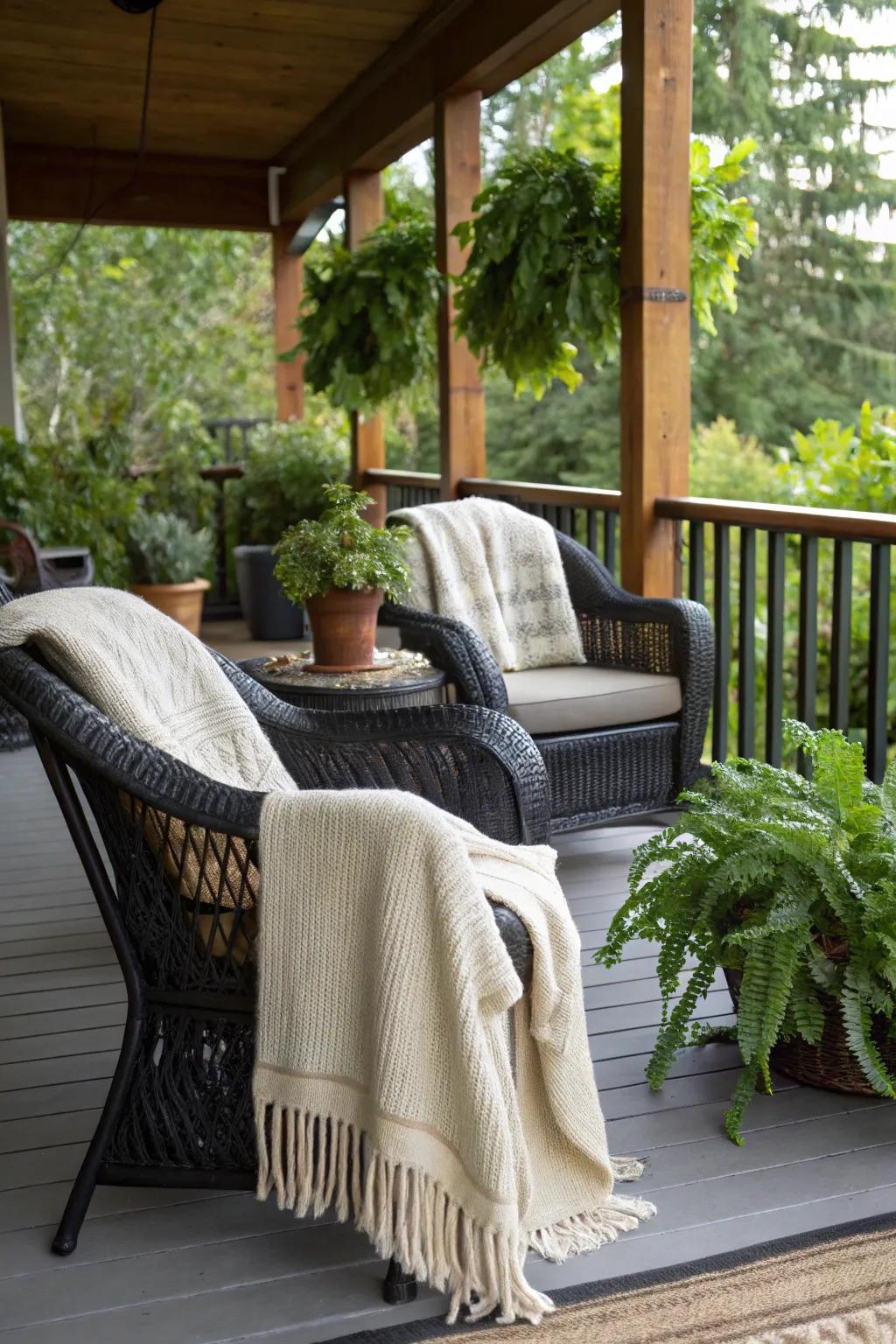 Black wicker chairs add sophistication to this cozy porch setup.
