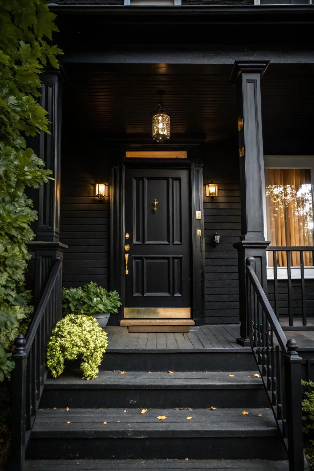 A black door serves as a stunning focal point for the porch.