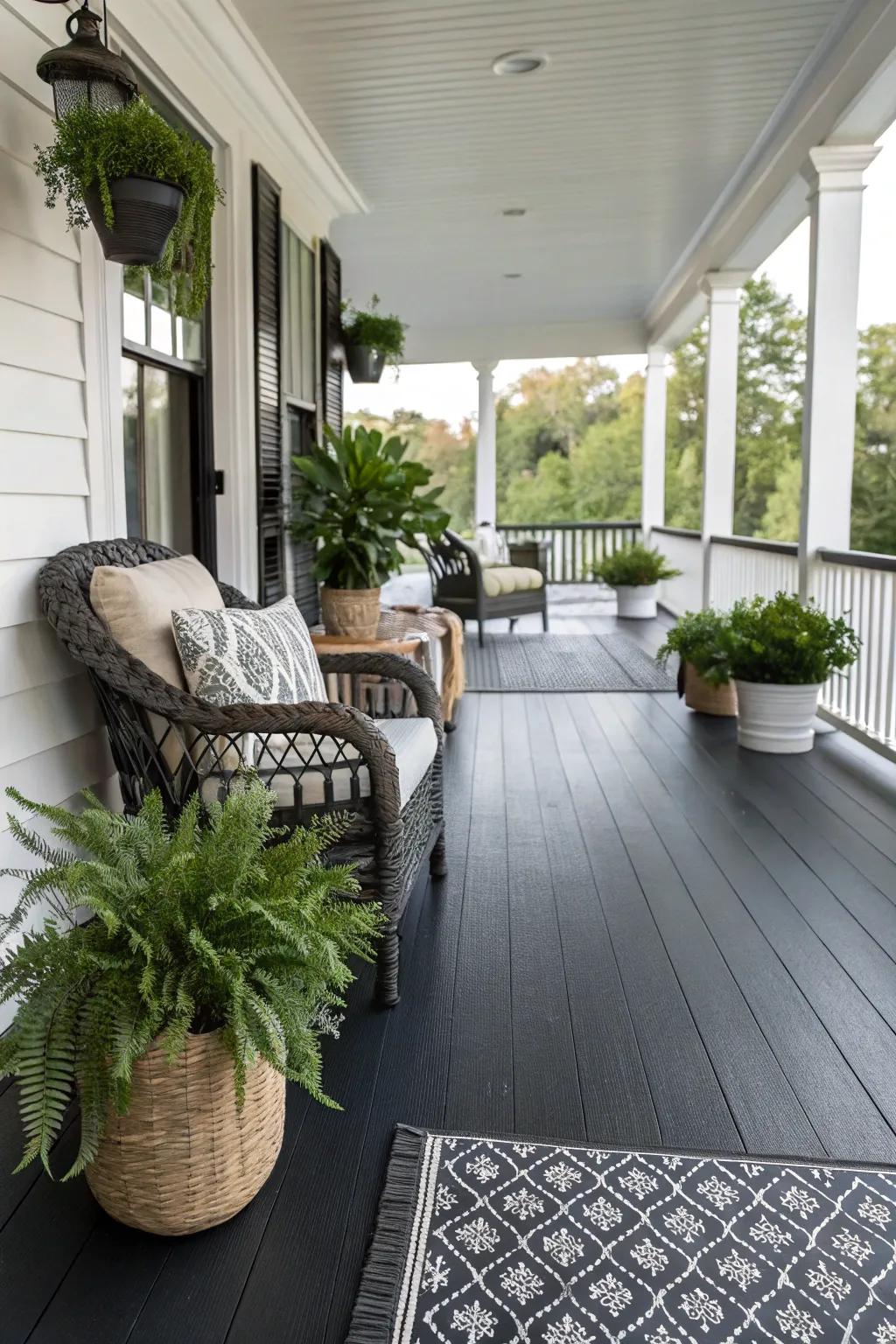 A black painted floor sets a dramatic tone for this porch.