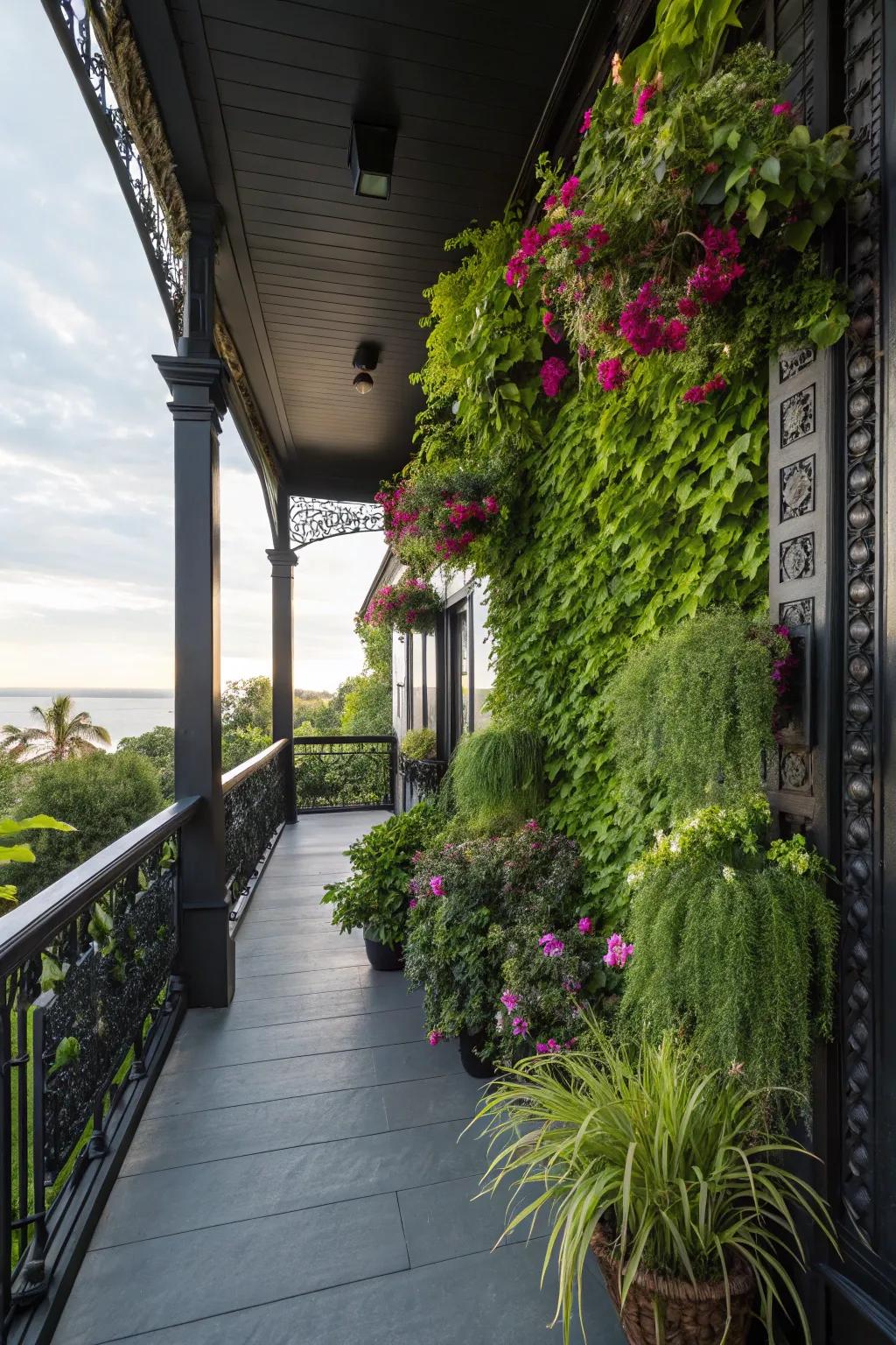 A vertical garden adds lush greenery to this black porch.