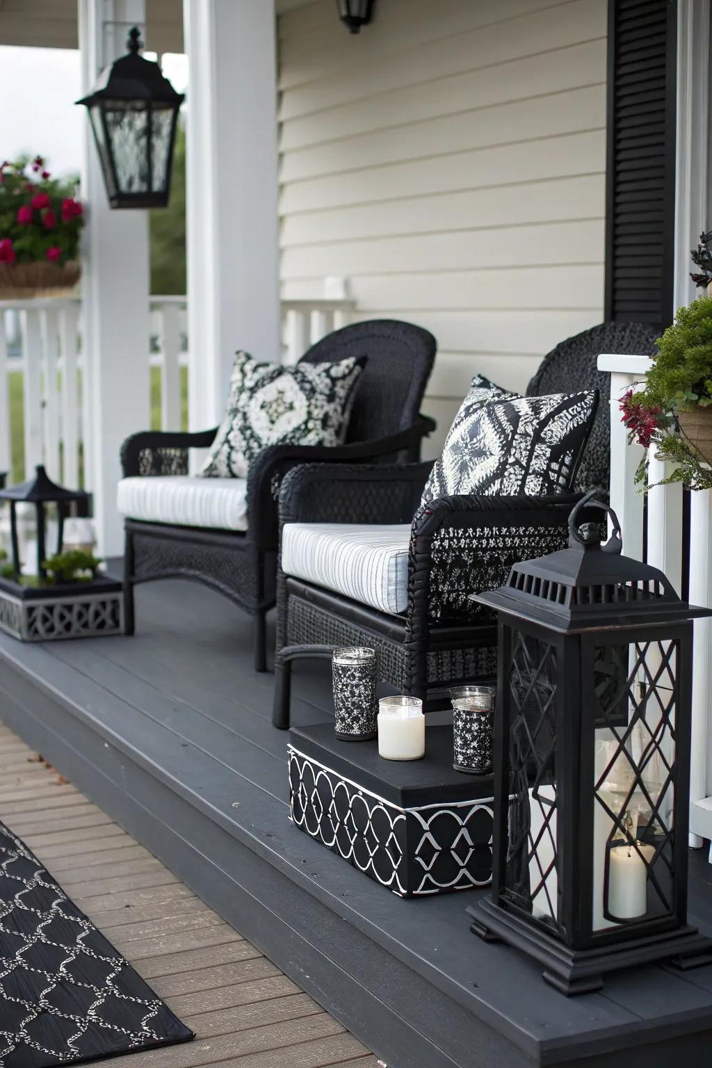 Coordinated decor pieces create a cohesive porch design.