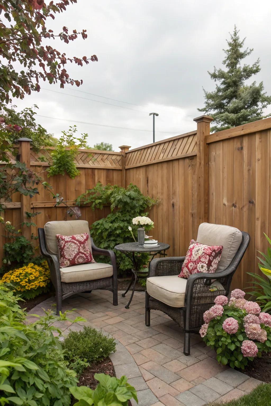 Create a private retreat with a fence-backed seating nook.