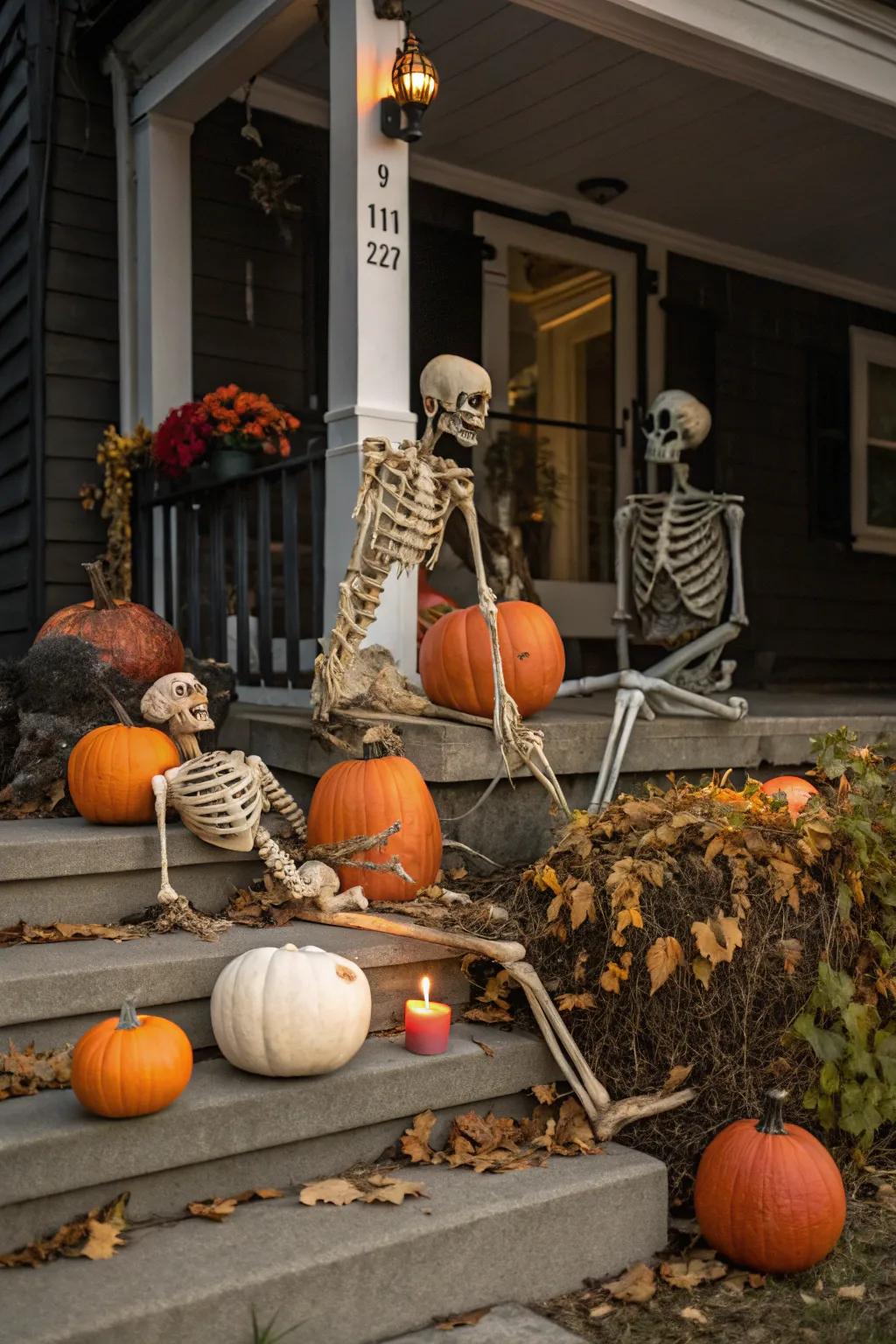 Skeletons nestled among an array of pumpkins for a festive look.